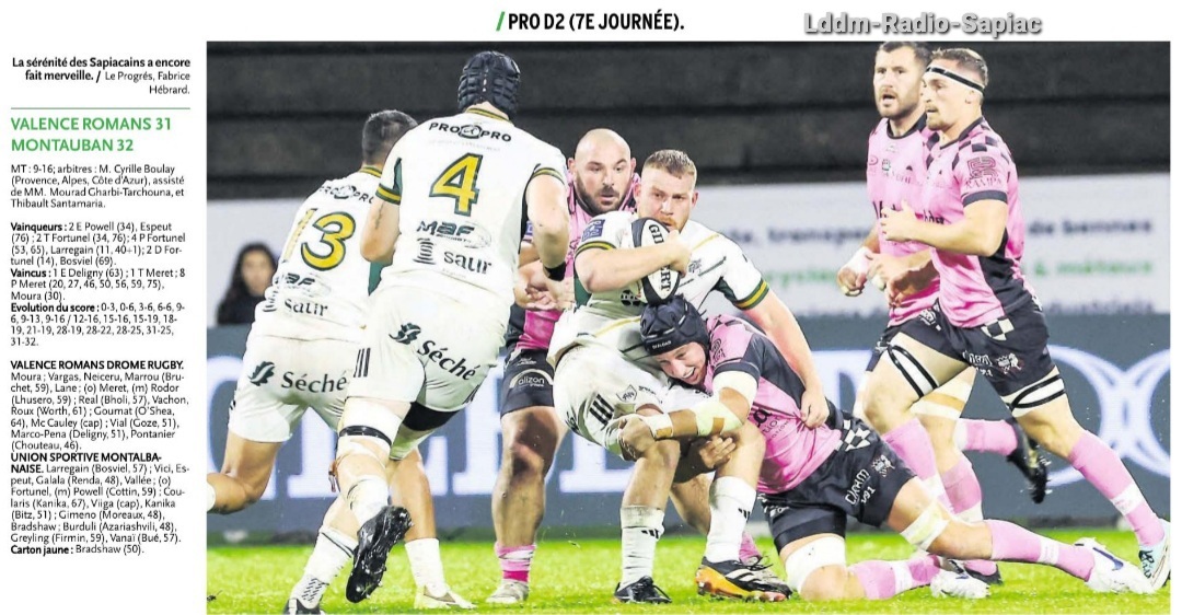 INFOS ce SAMEDI 19 OCTOBRE (Matinée) > Pro D2 - J7 > RÉSULTAT hier soir au stade Georges Pompidou > (Bd) VALENCE ROMANS 31- 32 USM > ACTUS USM <> Les RÉSULTATS > Le CLASSEMENT <> ESPOIRS – J5 > Cet après-midi 15H à Sapiac > USM / TARBES - La COMPO Dxvis6