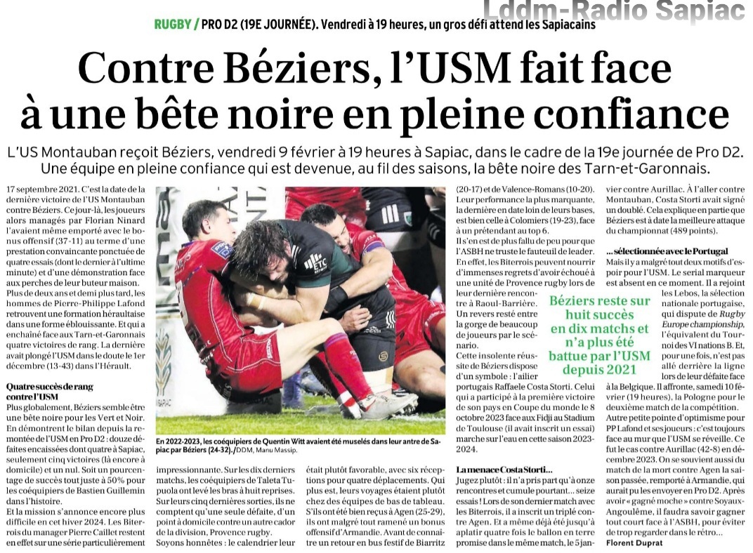 INFOS ce MERCREDI 7 FÉVRIER 2024 (Matinée) > Pro D2 -J19 > J -2 du Match de Gala à Sapiac > USM / BÉZIERS Vendredi 9 Février à Sapiac <> STATS <> Du Côté de Sapiac et Biterrois <> VIDÉO <> Les RÉSULTATS ASSOCIATION de WEEK-END E4bpca