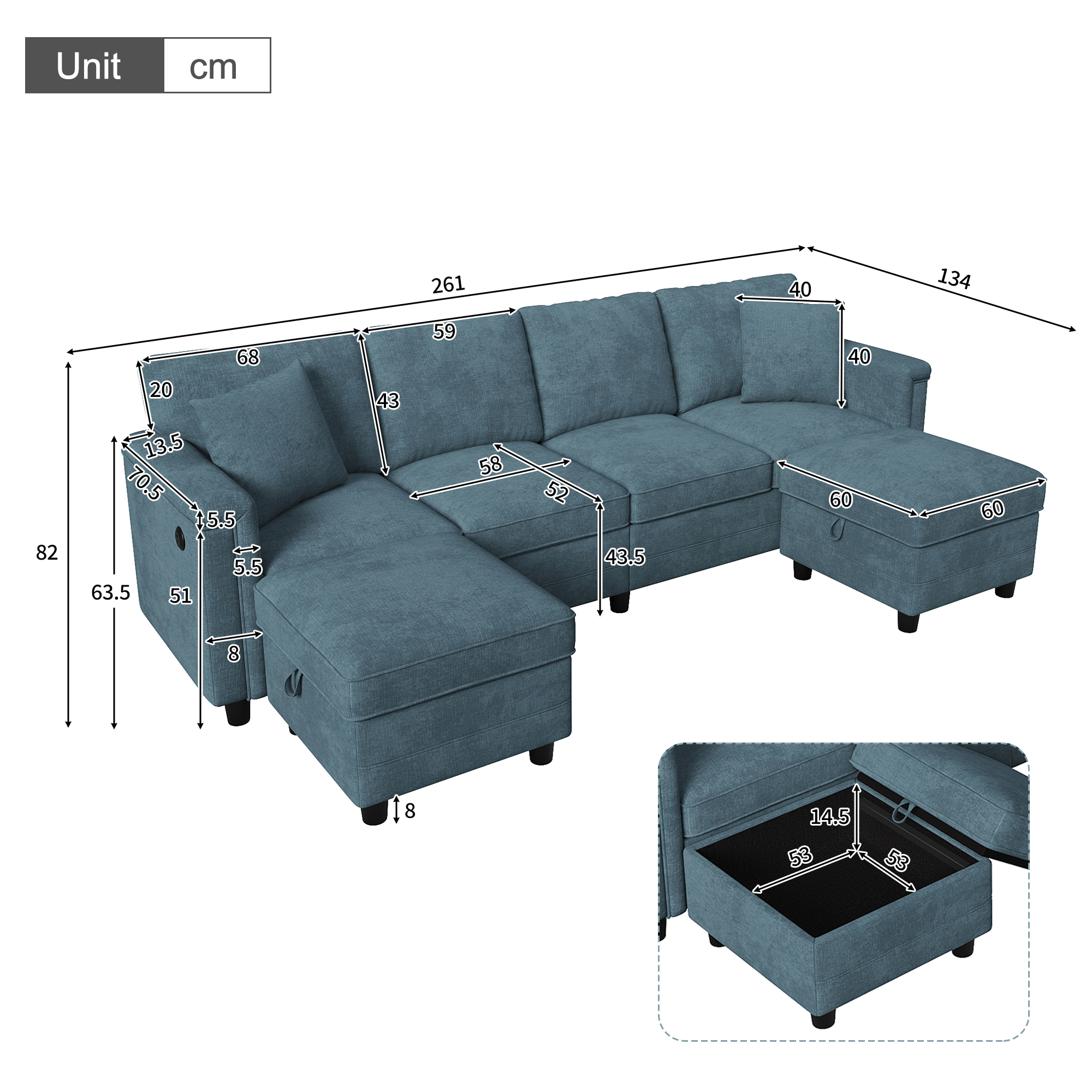 Dimensions détaillées du canapé modulable bleu et de ses poufs