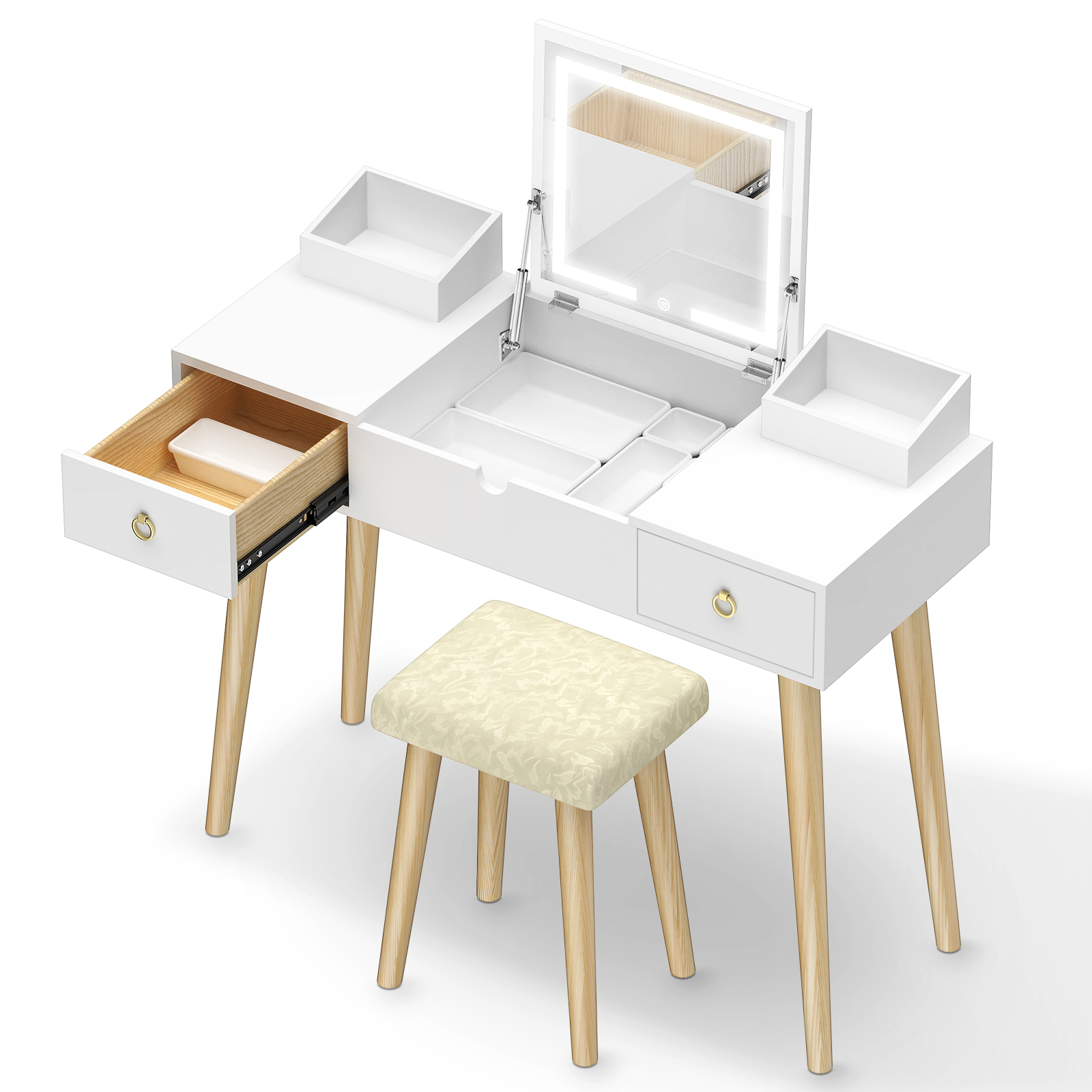 Tavolo da toeletta Bianca - RATTANTREE - con illuminazione LED e sgabello