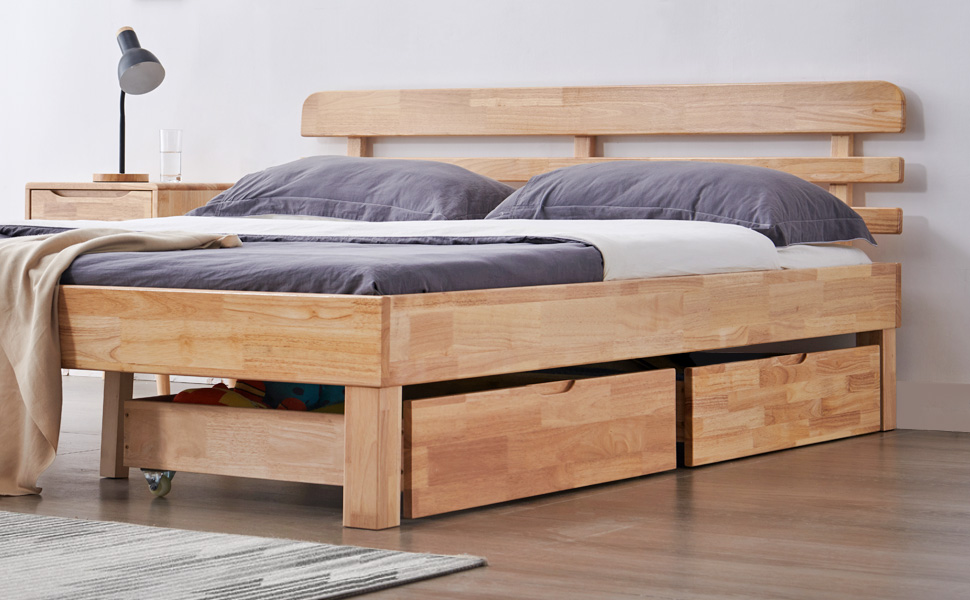 Lot de 2 Tiroirs de Lit Bois d’Hévéa Massif Naturel Minimaliste