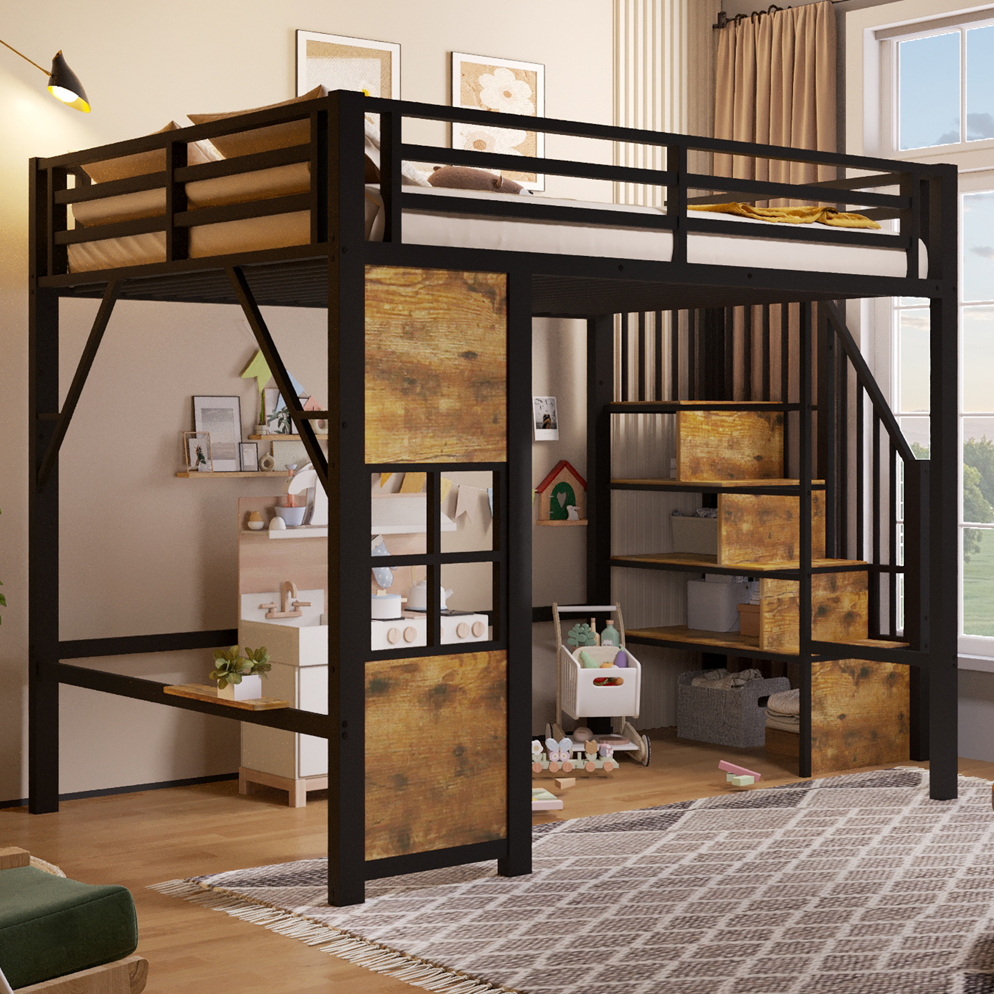 Lit mezzanine noir 140 x 200 cm avec espace ouvert sous le couchage