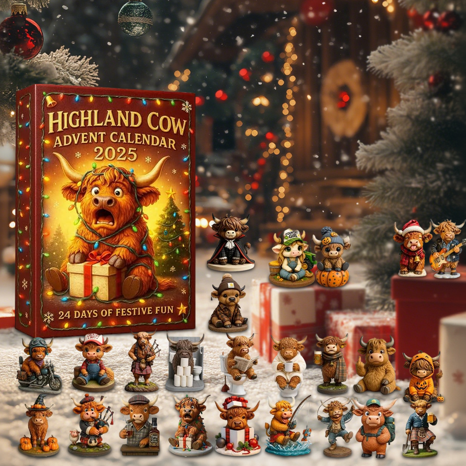 Calendrier De L'Avent 3D Highland Cow 2025 - 24 Jours Avec Figurines Miniatures De Vache - Décoration De Noël