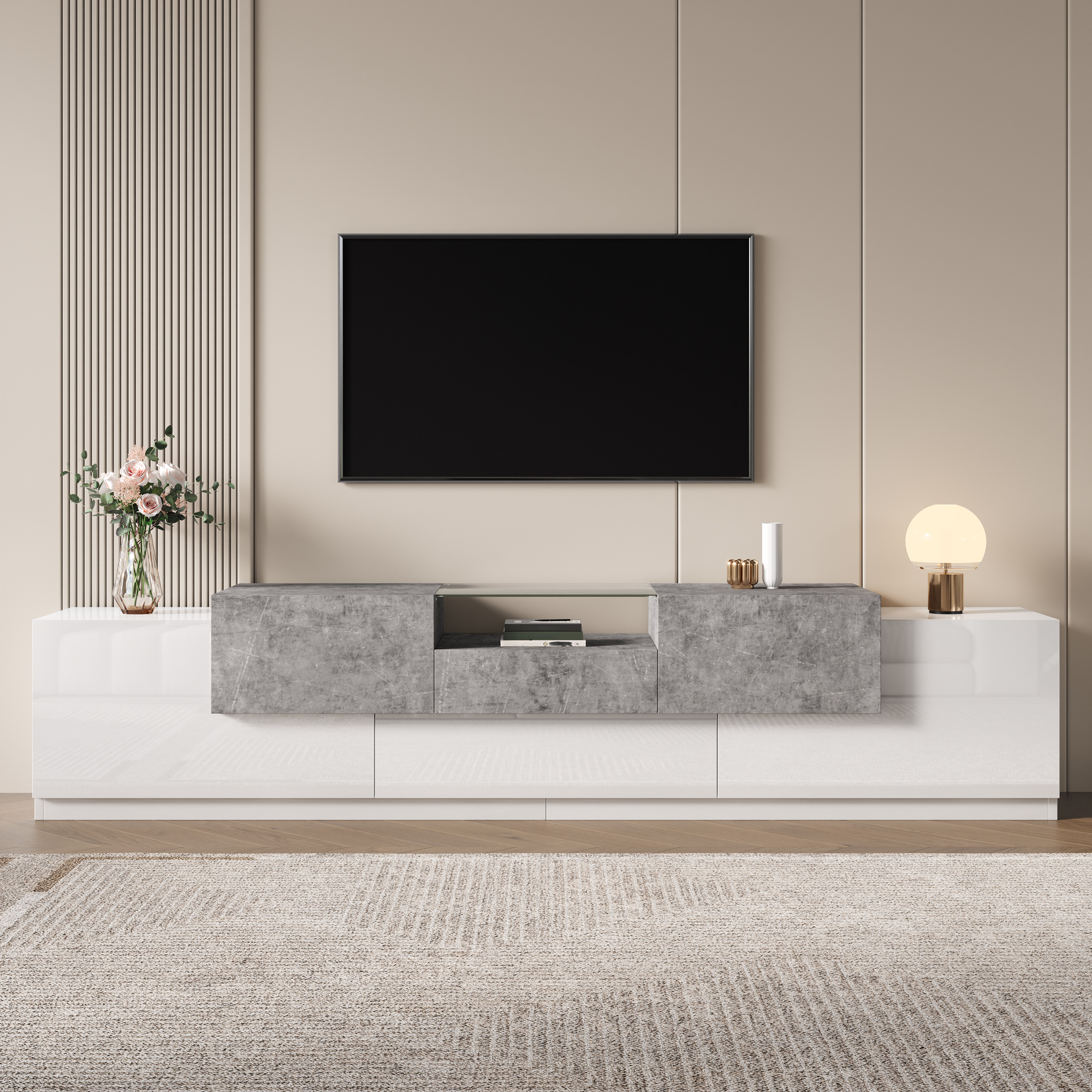 Meuble TV 200 cm blanc brillant et effet béton gris avec nombreux rangements