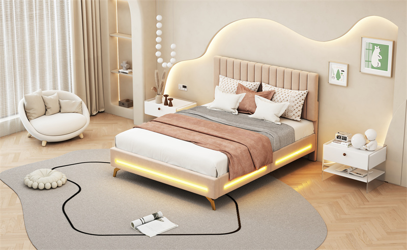 Lit Double Enfant 140x200 Avec Tête De Lit LED - Velours Beige, Sommier à Lattes, Fille/Ado