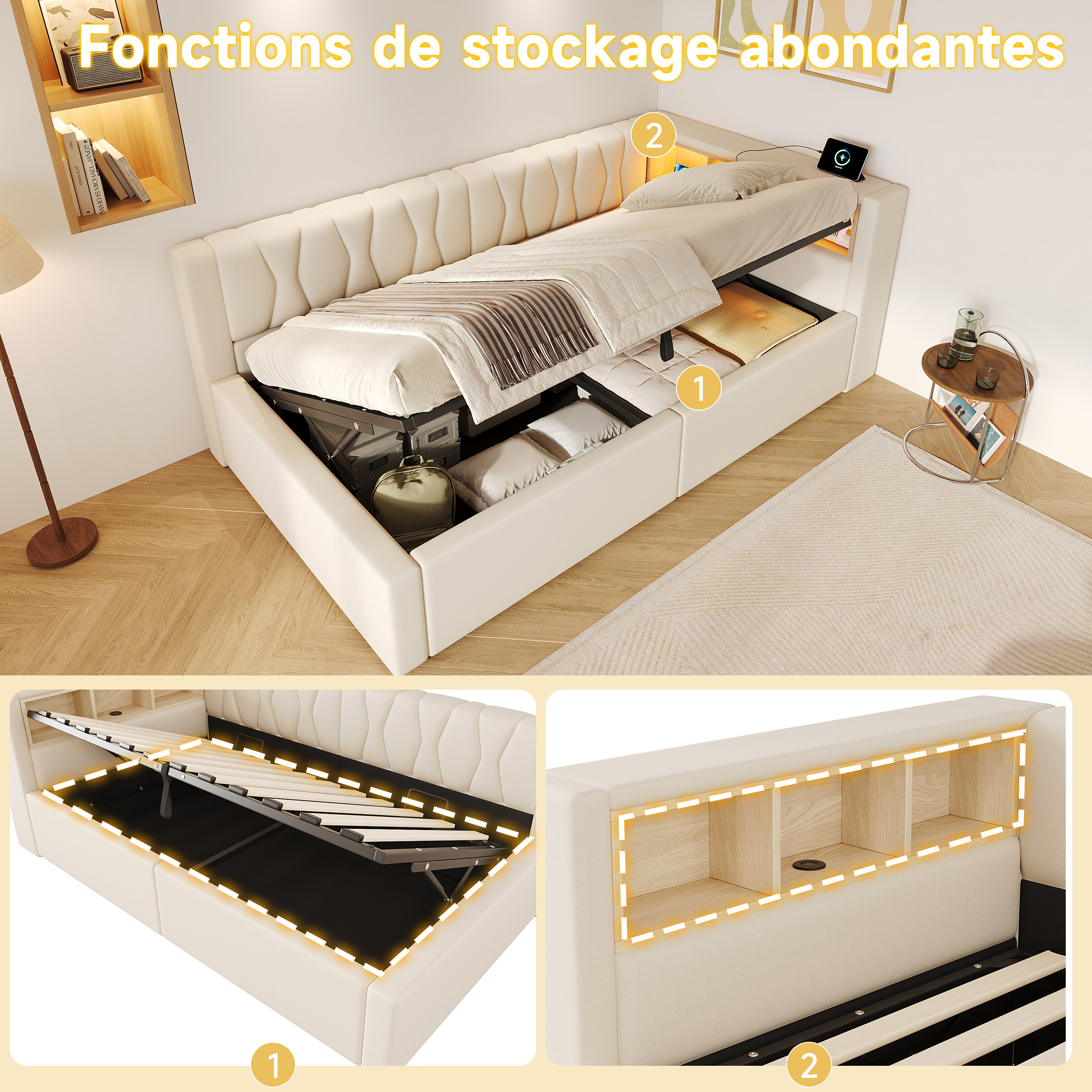 Trois niches de rangement intégrées au lit banquette