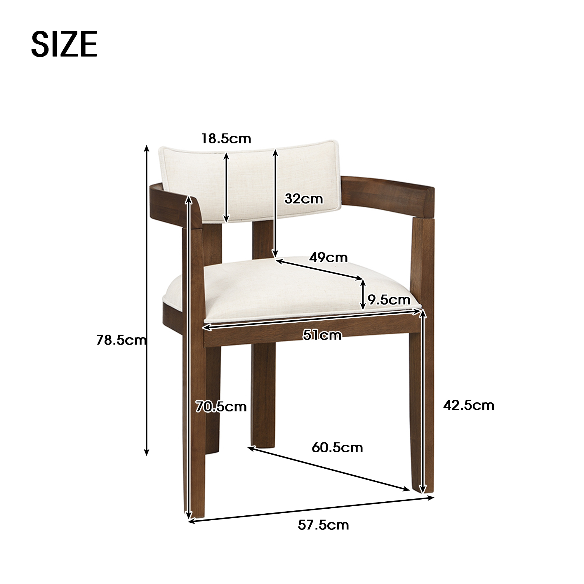 Dimensions détaillées de la chaise de salle à manger avec accoudoirs