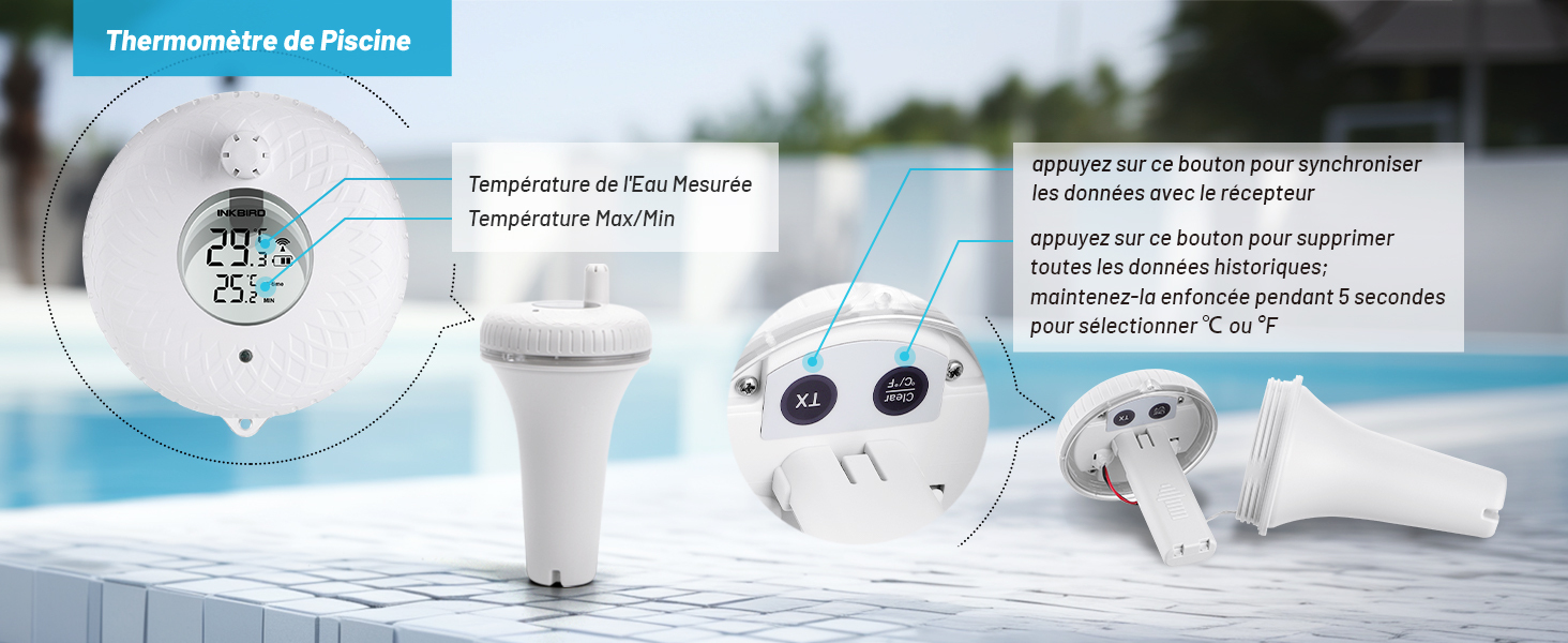Thermomètre Piscine Flottant Sans Fil Inkbird - IBS-P01R - Portée 90m - IPX7 - Pour Piscine, Spa, Aquarium - Avec Récepteur Intérieur