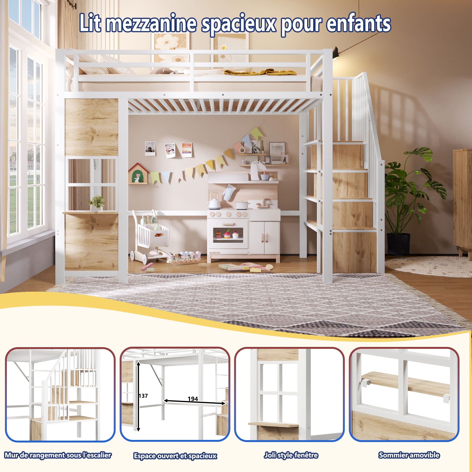 Espace ouvert modulable sous le lit mezzanine blanc