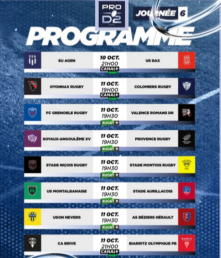 INFOS ce MERCREDI 11 SEPTEMBRE (Matinée) > Pro D2 3ÈME JOURNÉE > J –2 du match > PROVENCE RUGBY / USM ce Vendredi 19H30 Stade Maurice David <> PLANNING USM <> Du CÔTÉ de SAPIAC <> INAUGURATION du Stade SAPIAC <> ACTUS Pro D2 Fmy5os