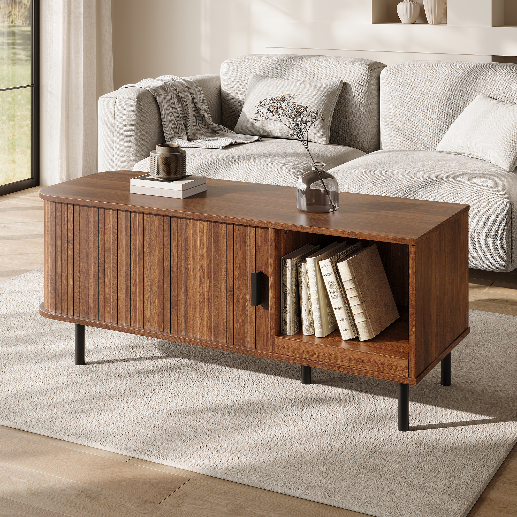 Table basse marron effet noyer avec façade à lattes verticales
