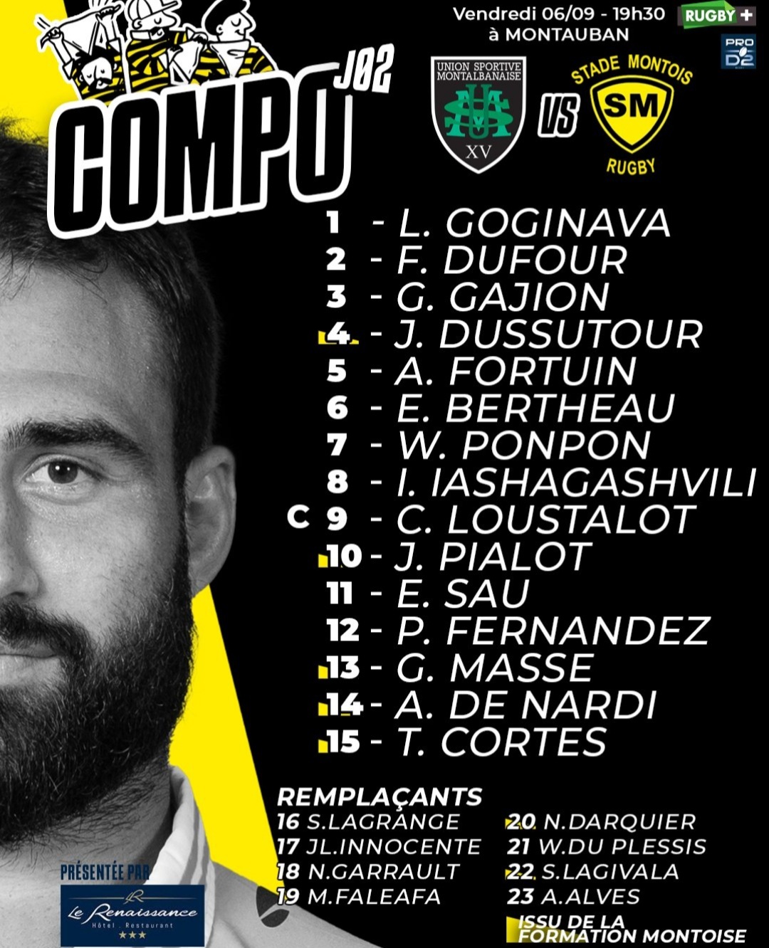 INFOS ce VENDREDI 06 SEPTEMBRE (Matinée) > Pro D2 - 2ÈME J > Jour de Match à Sapiac > USM / MONT de MARSAN ce soir 19H30 Stade de Sapiac > Les COMPOS <> RÉSULTAT > En Match d'ouverture > (Bd) BÉZIERS 19 - 23 BIARRITZ > Le CLASSEMENT PROVISOIRE   G9ndnx