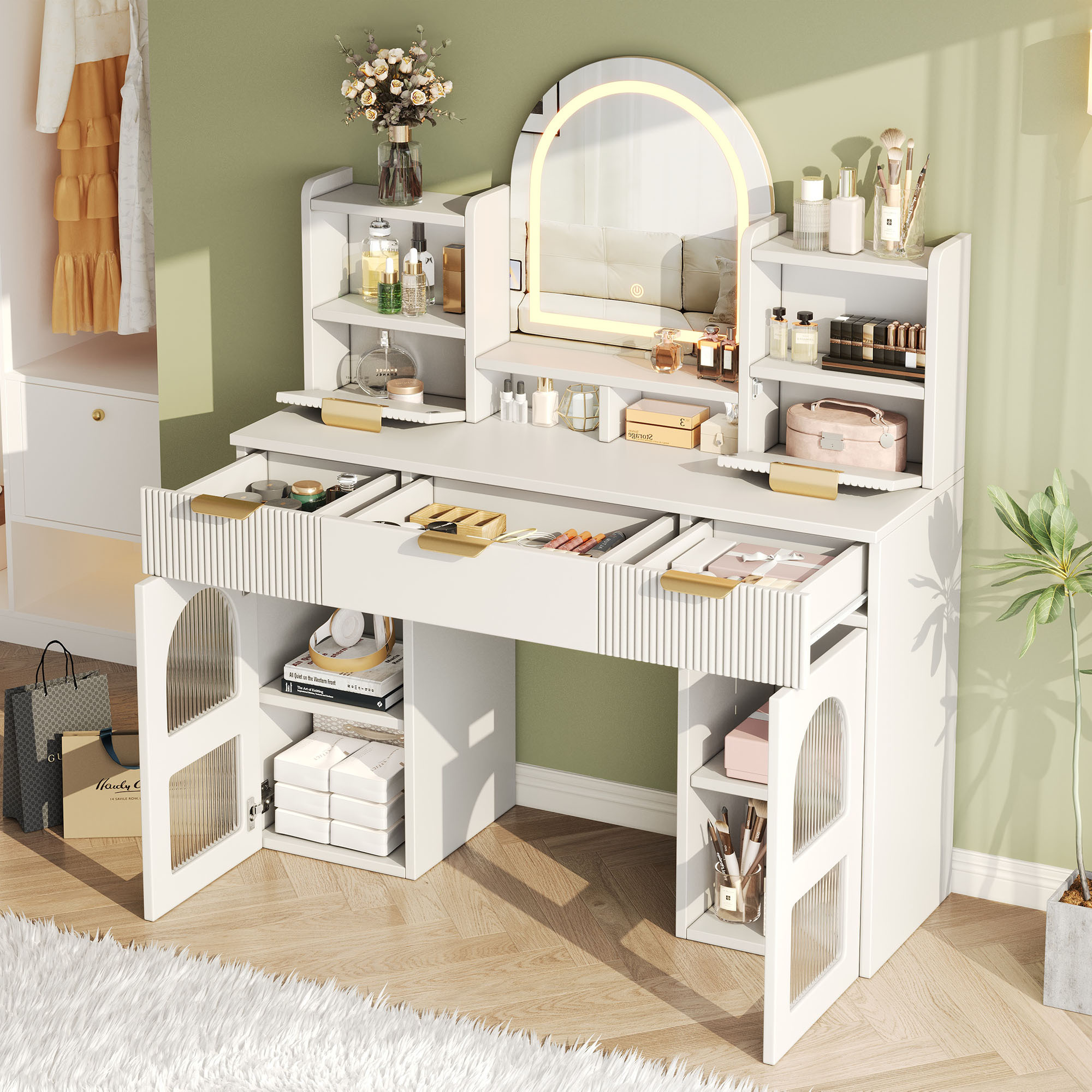 Design blanc de la coiffeuse avec miroir LED en forme d'arche