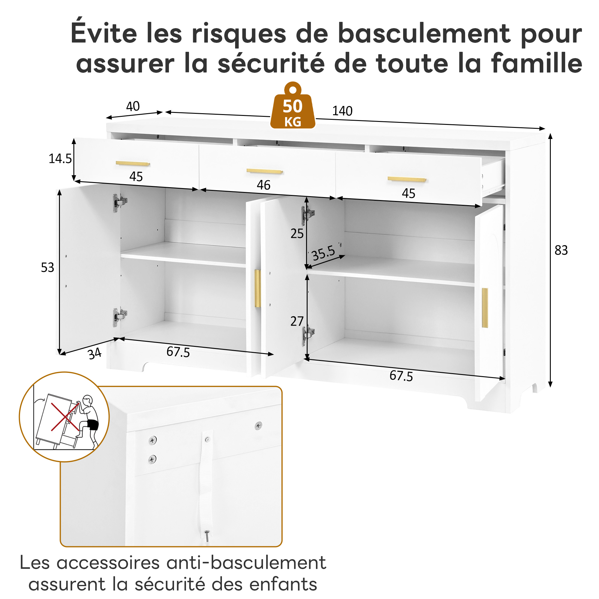 Dimensions et structure en Panneau composite de fibres de bois à densité du buffet blanc