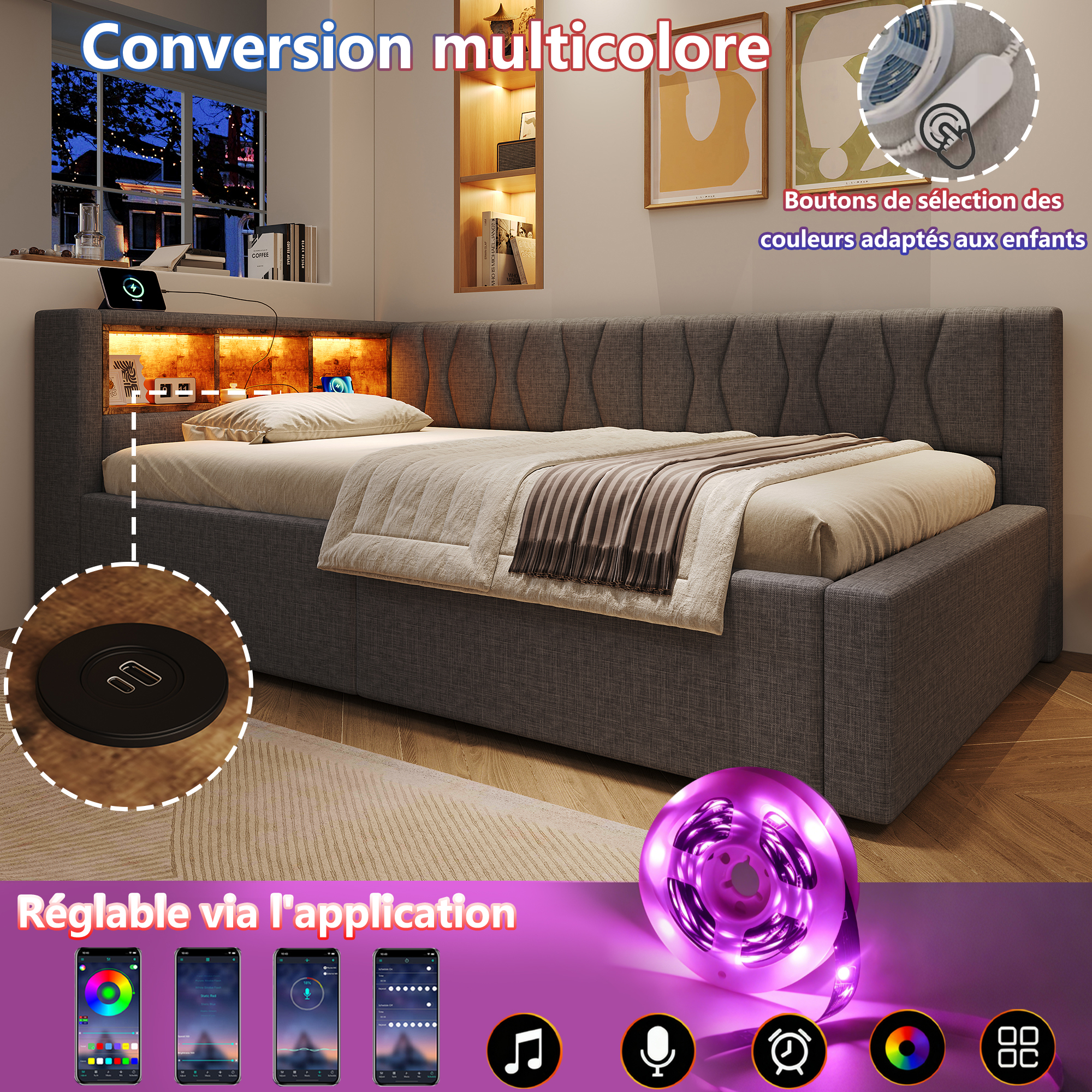 Éclairage LED multicolore intégré au lit banquette