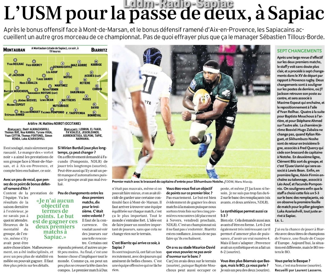 INFOS ce VENDREDI 20 SEPTEMBRE (Matinée) > Pro D2 - J4 > Jour de match > USM / BIARRITZ ce soir 19H Stade de Sapiac > Les COMPOS - ACTUS USM <> RÉSULTAT > En ouverture hier soir stade des Alpes > GRENOBLE 19 - 13 DAX > Retrouvez le CLASSEMENT PROVISOIRE  Gf4ljv