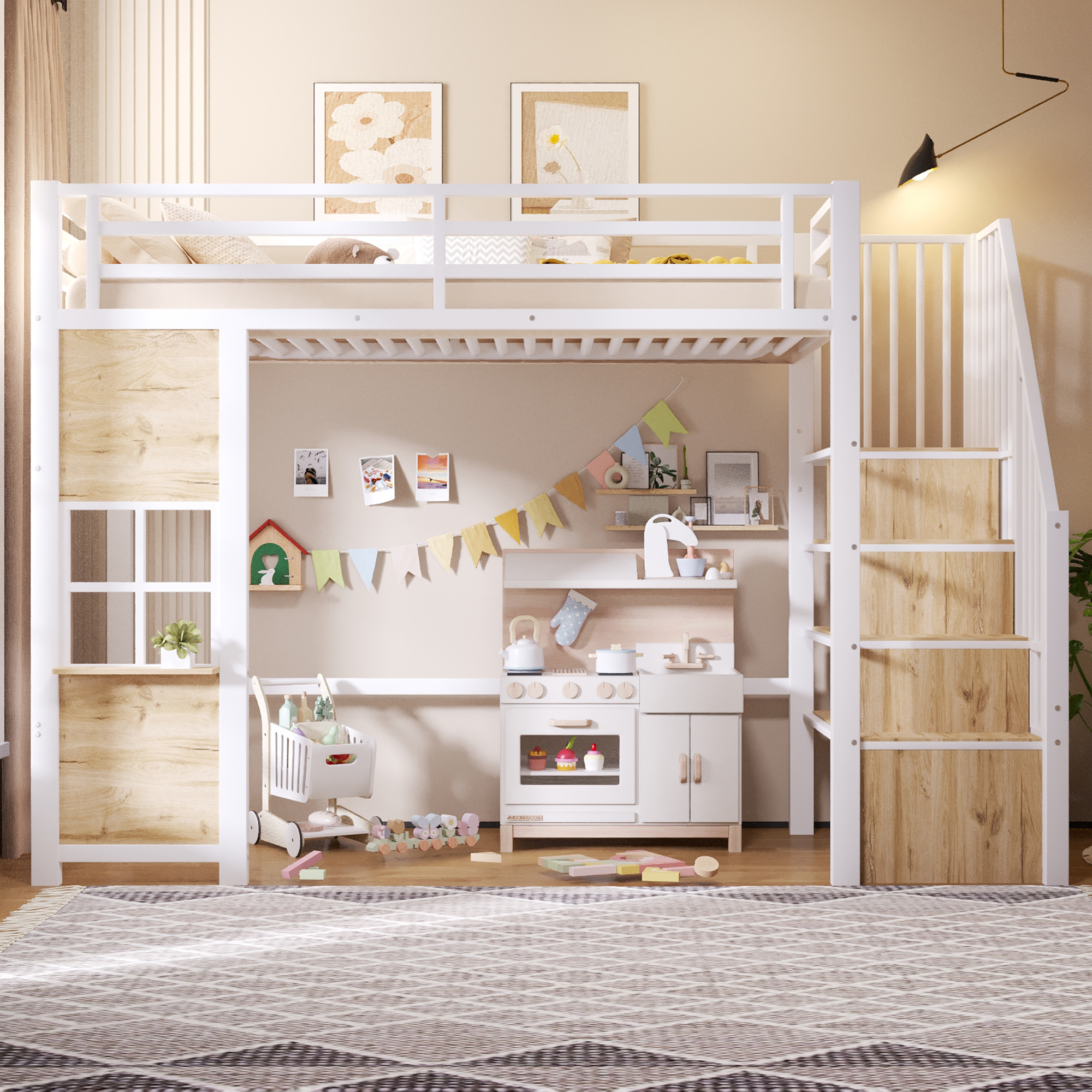 Lit mezzanine blanc 90 x 200 cm avec espace ouvert sous le couchage
