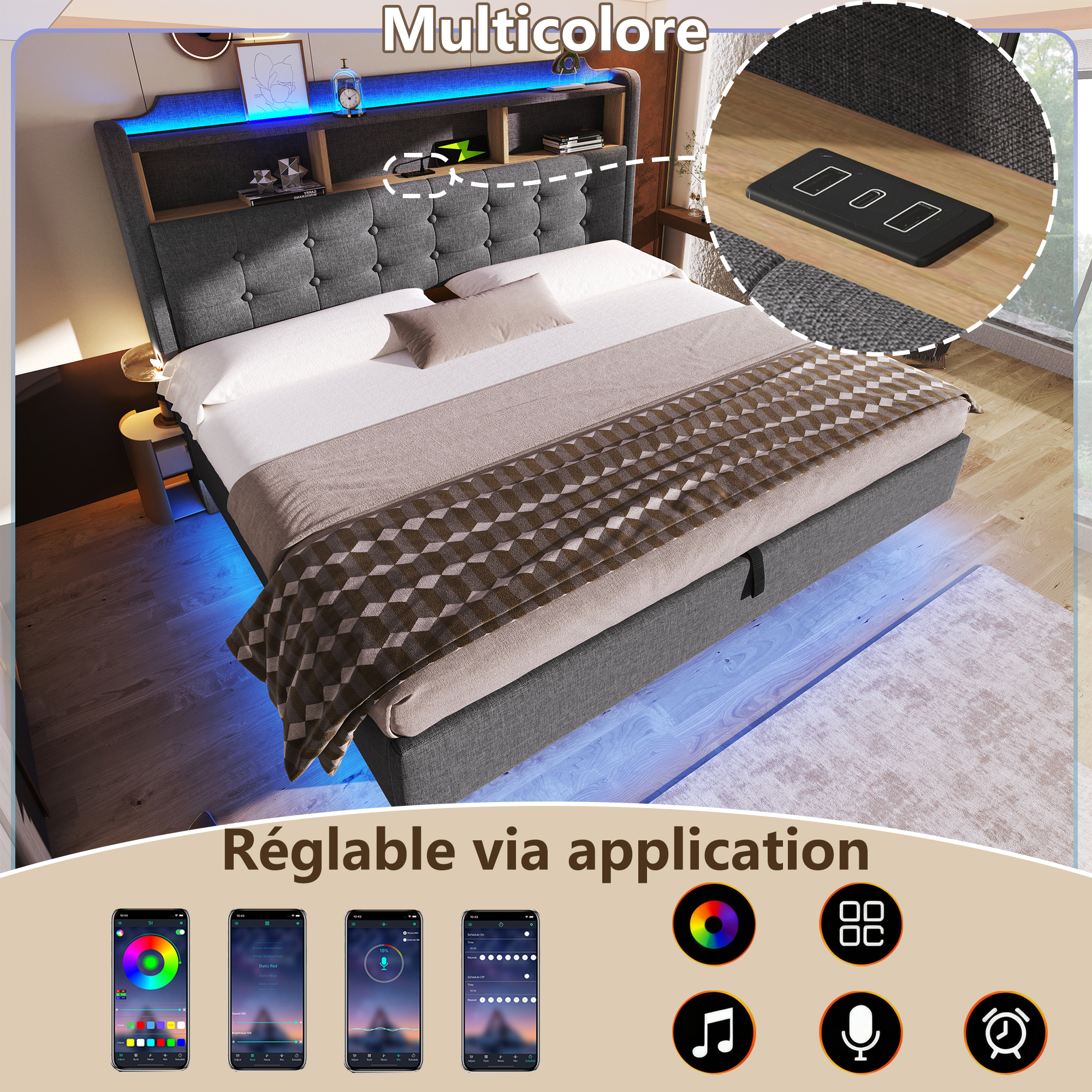 Éclairage LED multicolore intégré au lit