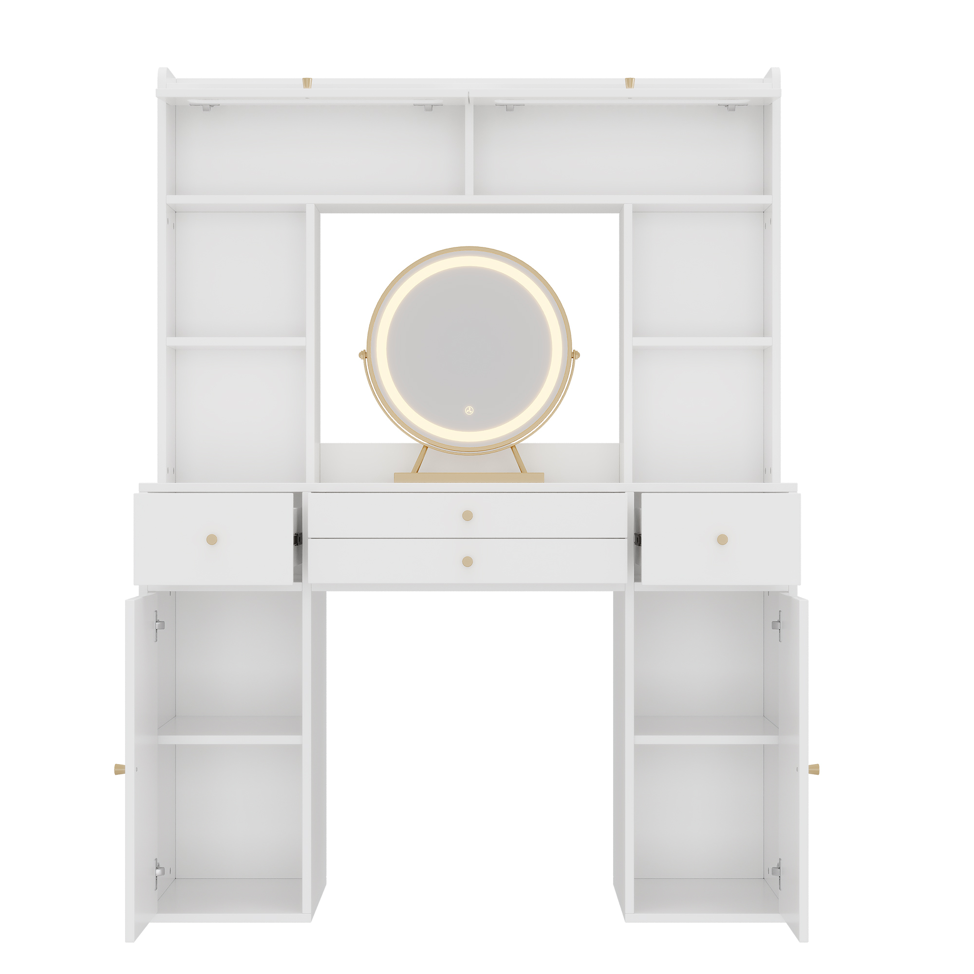 Rangements ouverts tiroirs et placards de la coiffeuse blanche