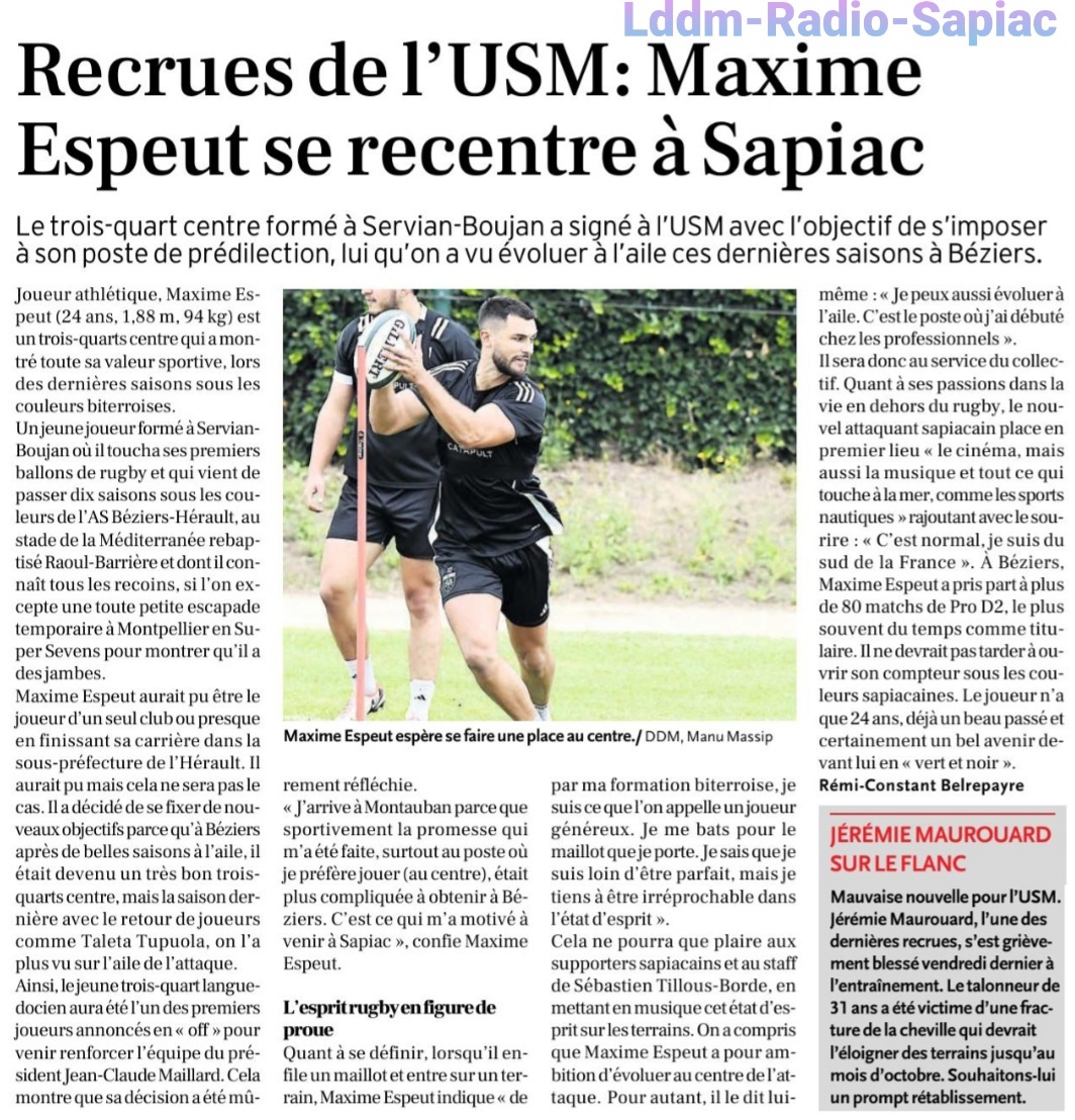 INFOS ce MERCREDI 24 JUILLET 2024 (Matinée) > USM RUGBY > Focus sur le centre Maxime ESPEUT <> Du Côté de Sapiac, VIDEO <> ACTUS Pro D2 US.OYONNAX <> RÉNOVATION STADE de SAPIAC Hbyfya