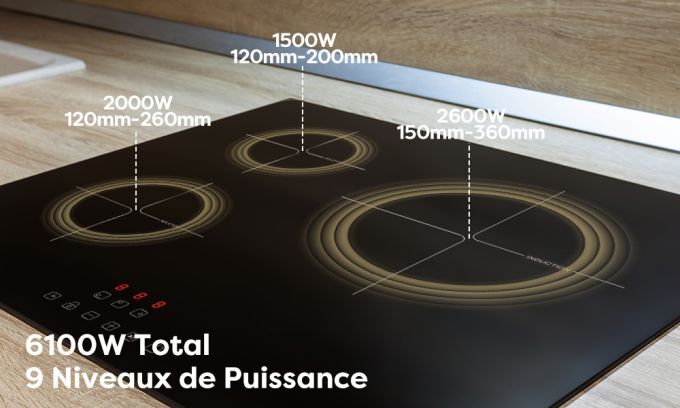 CIARRA CD3BIH Plaque Induction 3 Foyers - 6100W - 9 Puissances - Tactile Sensitive - Securite Enfant - Minuteur - L 59cm 16 ciarra table a induction 3 zones