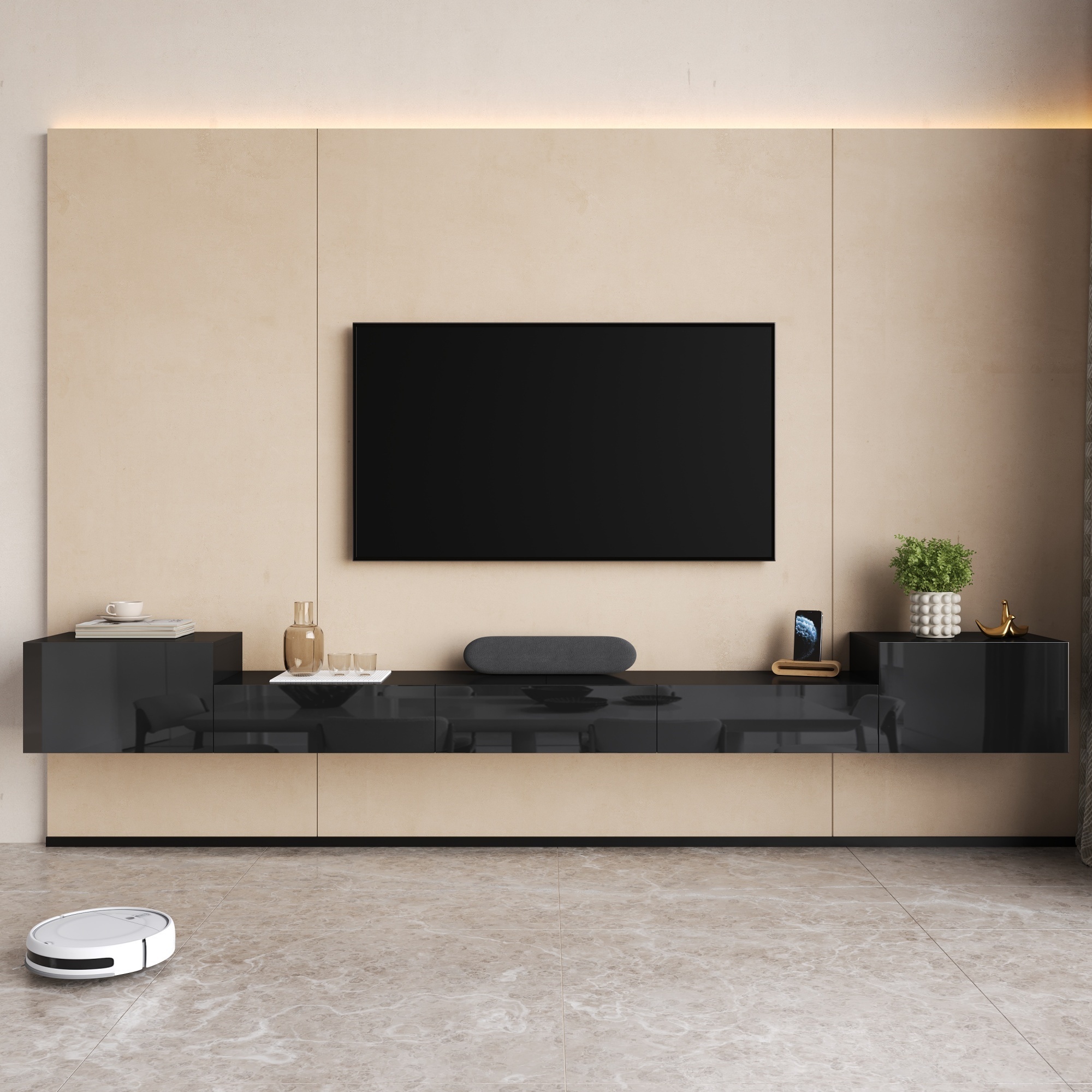 Meuble TV suspendu noir de 245 cm