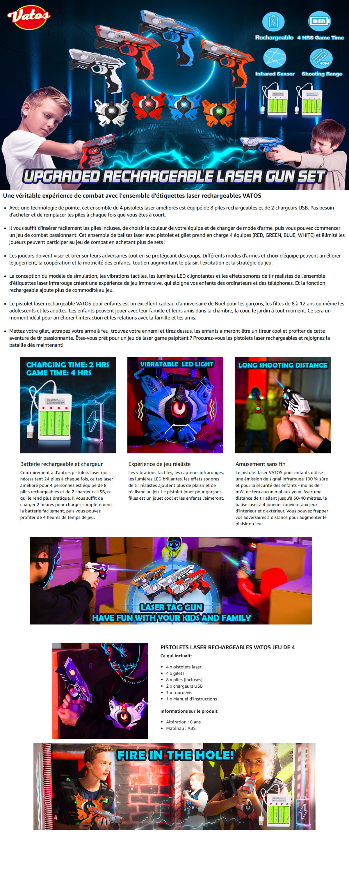 Jeu de tir Vatos Jeu de Laser Tag Rechargeable – 2 Pistolets et 2 Gilets avec Synchronisation 2,4GHz, 4 Modes de Tir, LED, Multijoueur Extensible, Dès 6 Ans