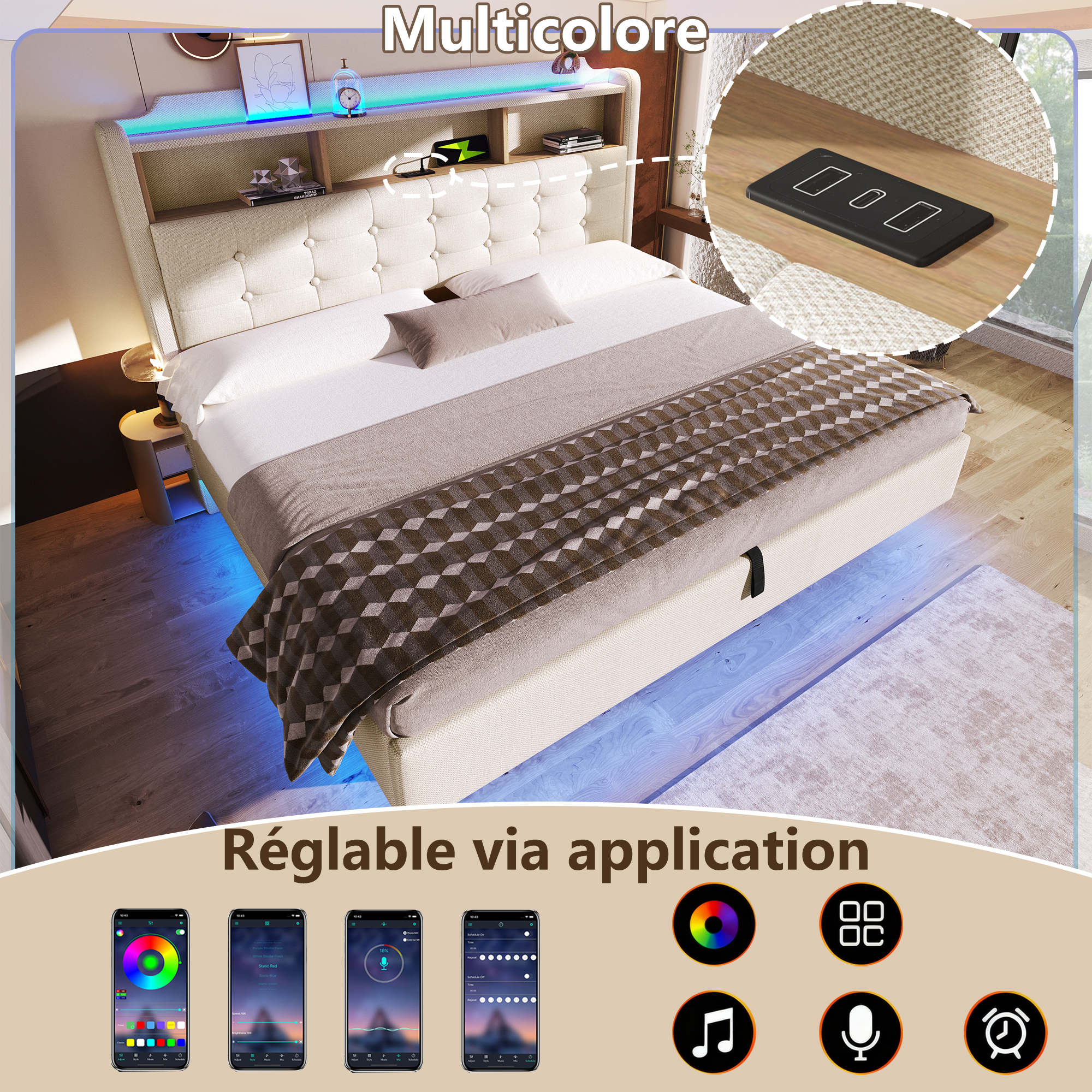 Éclairage LED multicolore du lit