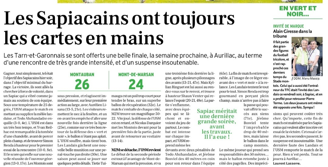 INFOS ce SAMEDI 11 MAI 2024 (Matinée) > Pro D2 - J29 > RÉSULTAT hier soir à Sapiac > USM 26 - 24 MONT de MARSAN (Bd) <> ACTUS USM et Pro D2 <> Les RÉSULTATS <> Le CLASSEMENT <> ESPOIRS > LYON / USM ce samedi 15H I7hufc