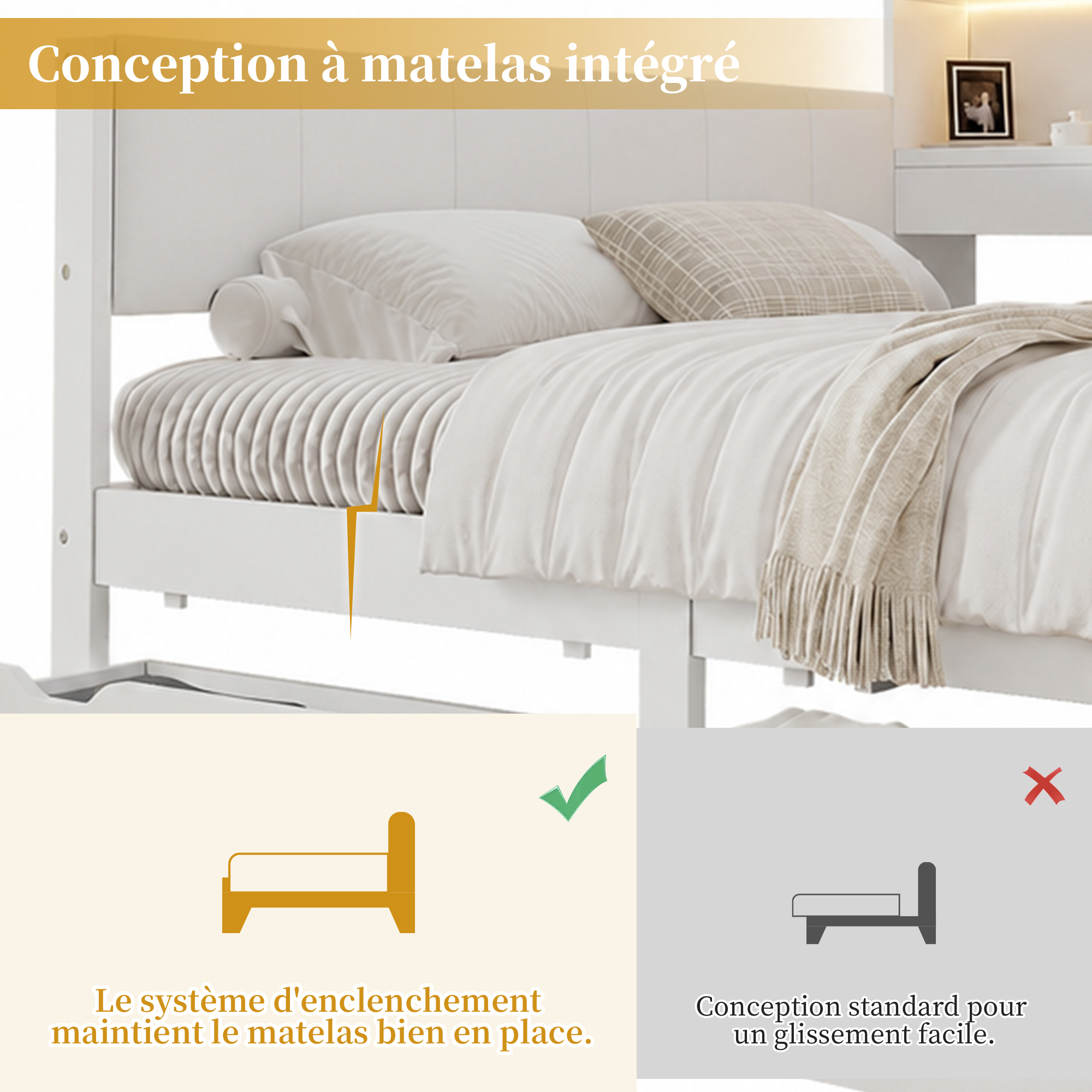Lit avec conception encastrée destinée à maintenir le matelas