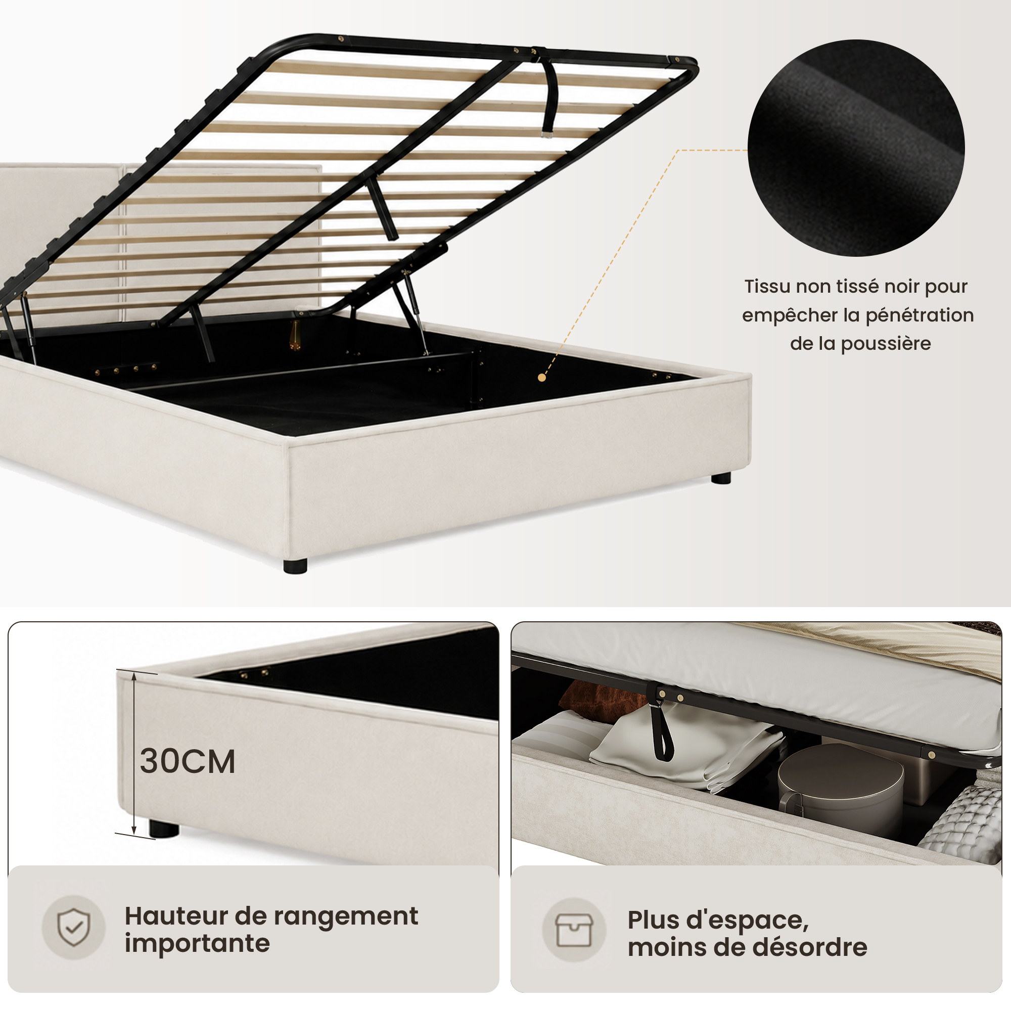 Lit double avec rangement hydraulique sous le couchage