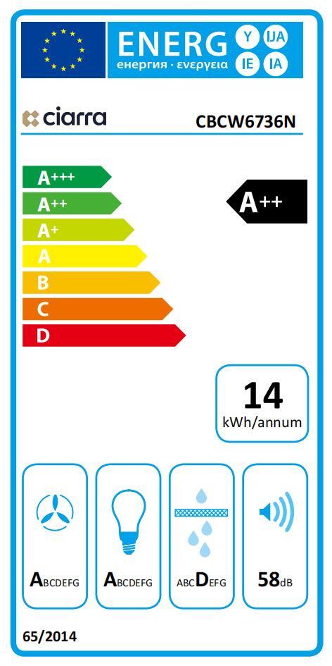 A++ Hotte Tactile 60cm 650 M3/h - Classe- 4 Vitesses - Booster - DC Moteur - Blanc - CIARRA 736NWH60 18 hotte aspirante A++ ETIQUETTE ENERGIE