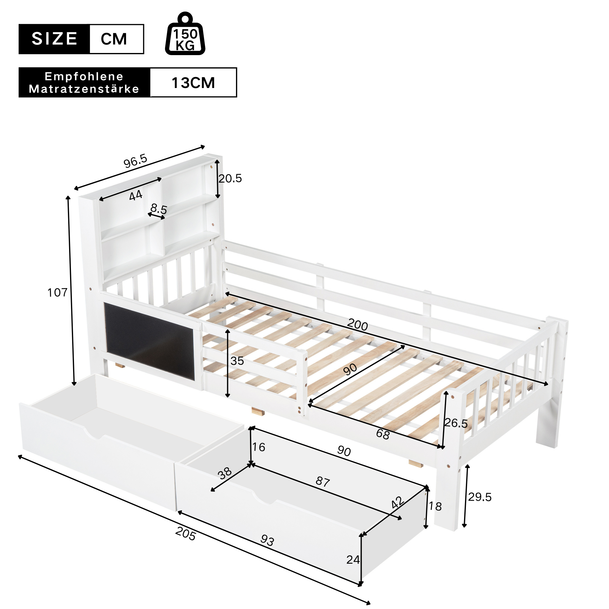 Dimensions détaillées du lit enfant 90 x 200 cm avec tiroirs et étagères