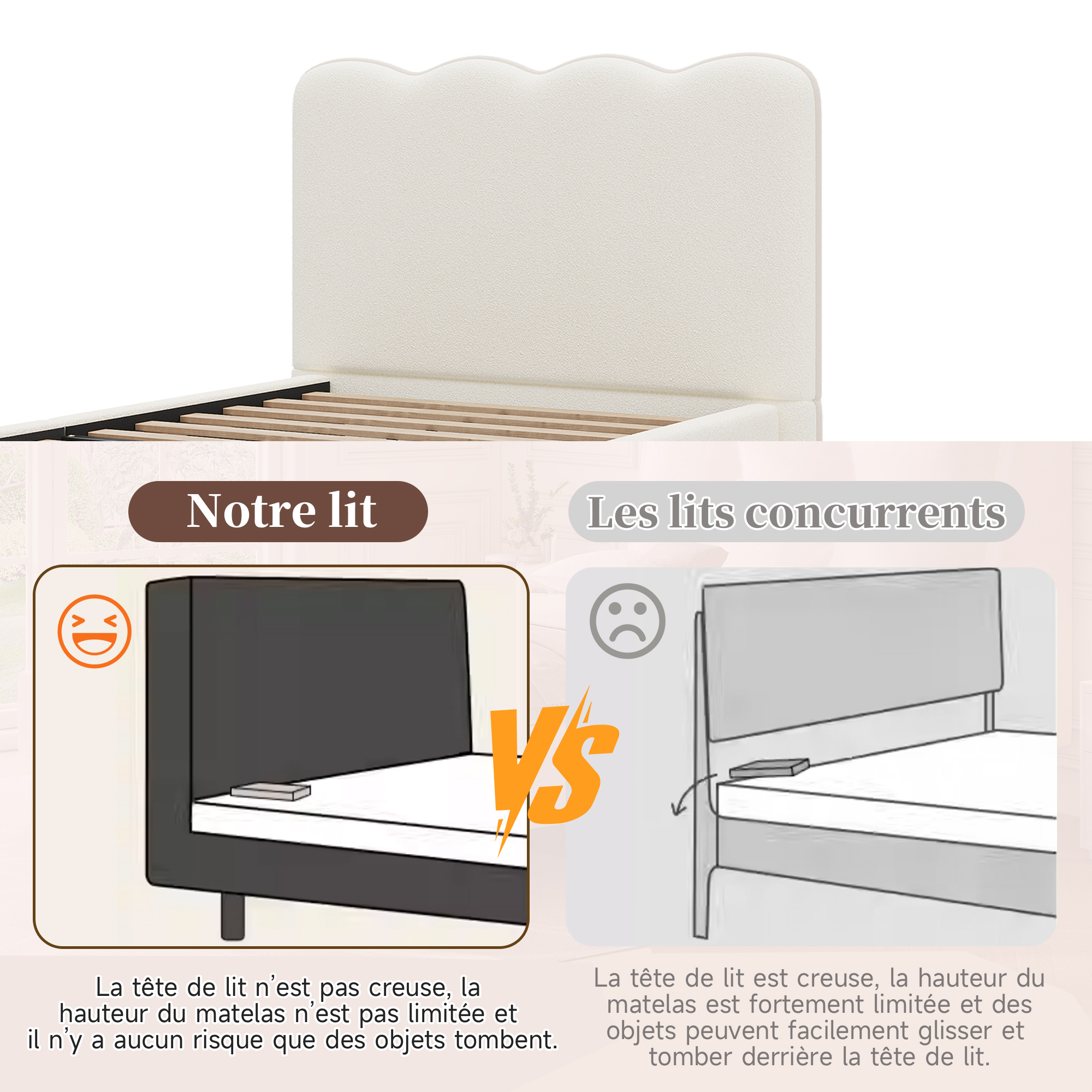 Lit enfant avec tête de lit pleine derrière le couchage