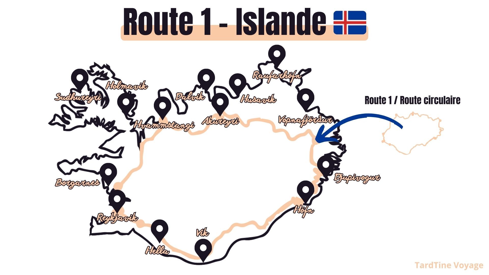 Route 1 road trip en islande carte