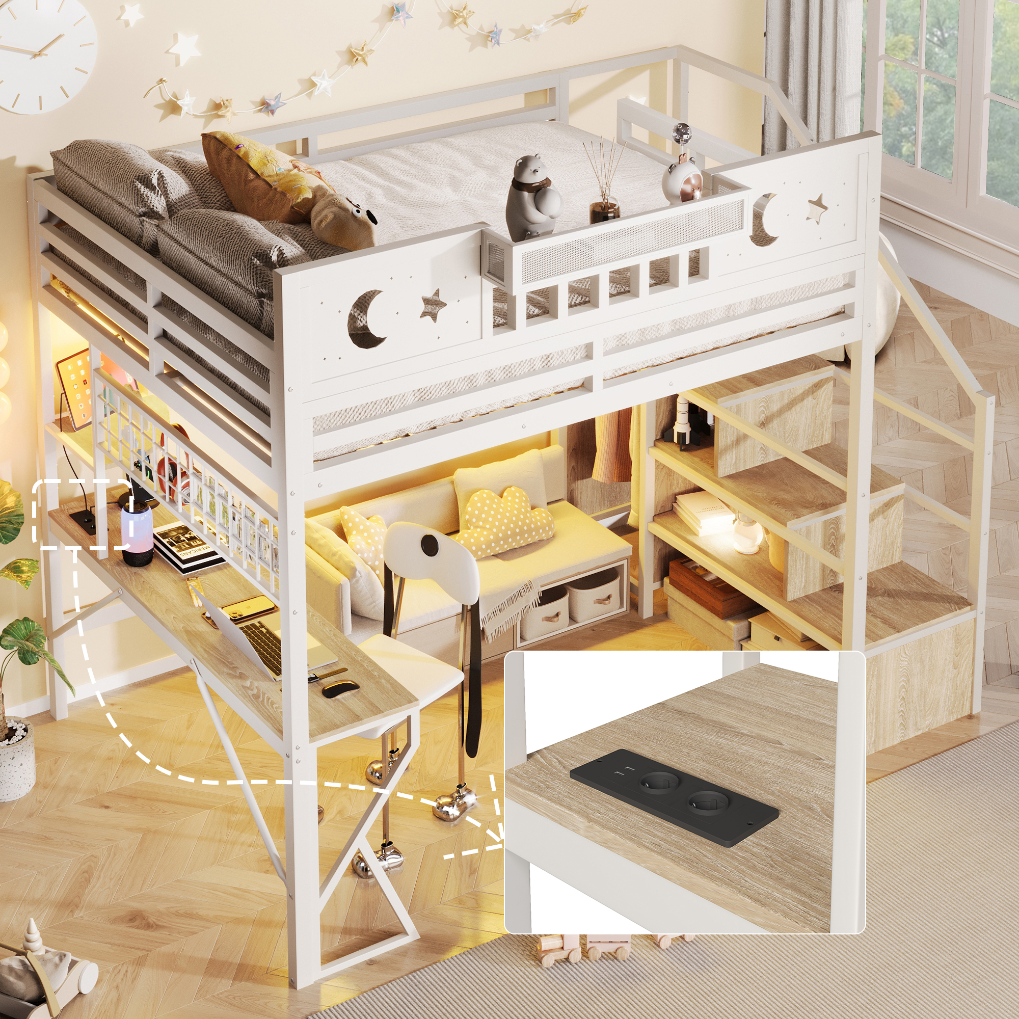 Bureau intégré du lit mezzanine blanc avec panneau perforé et port USB