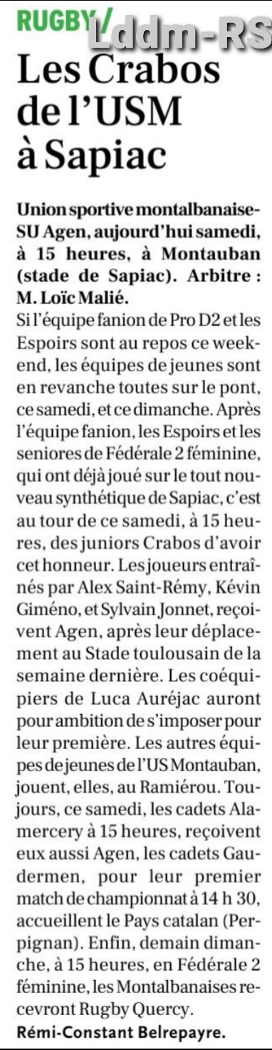 INFOS ce SAMEDI 5 OCTOBRE (Matinée) > Pro D2 - J6 > Prochain match pour les Sapiacains USM / AURILLAC  VENDREDI prochain 11 Octobre 19H30 à Sapiac <> LNR : COMMISSION de DISCIPLINE <> USM : PROGRAMME du 1ER BLOC <> CRABOS : USM / AGEN 15H à Sapiac Iwy5gu