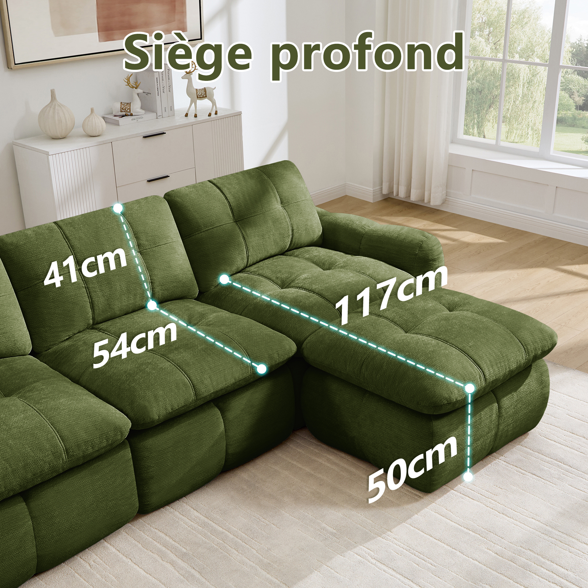 Dimensions du canapé modulable 2+1 places en chenille vert