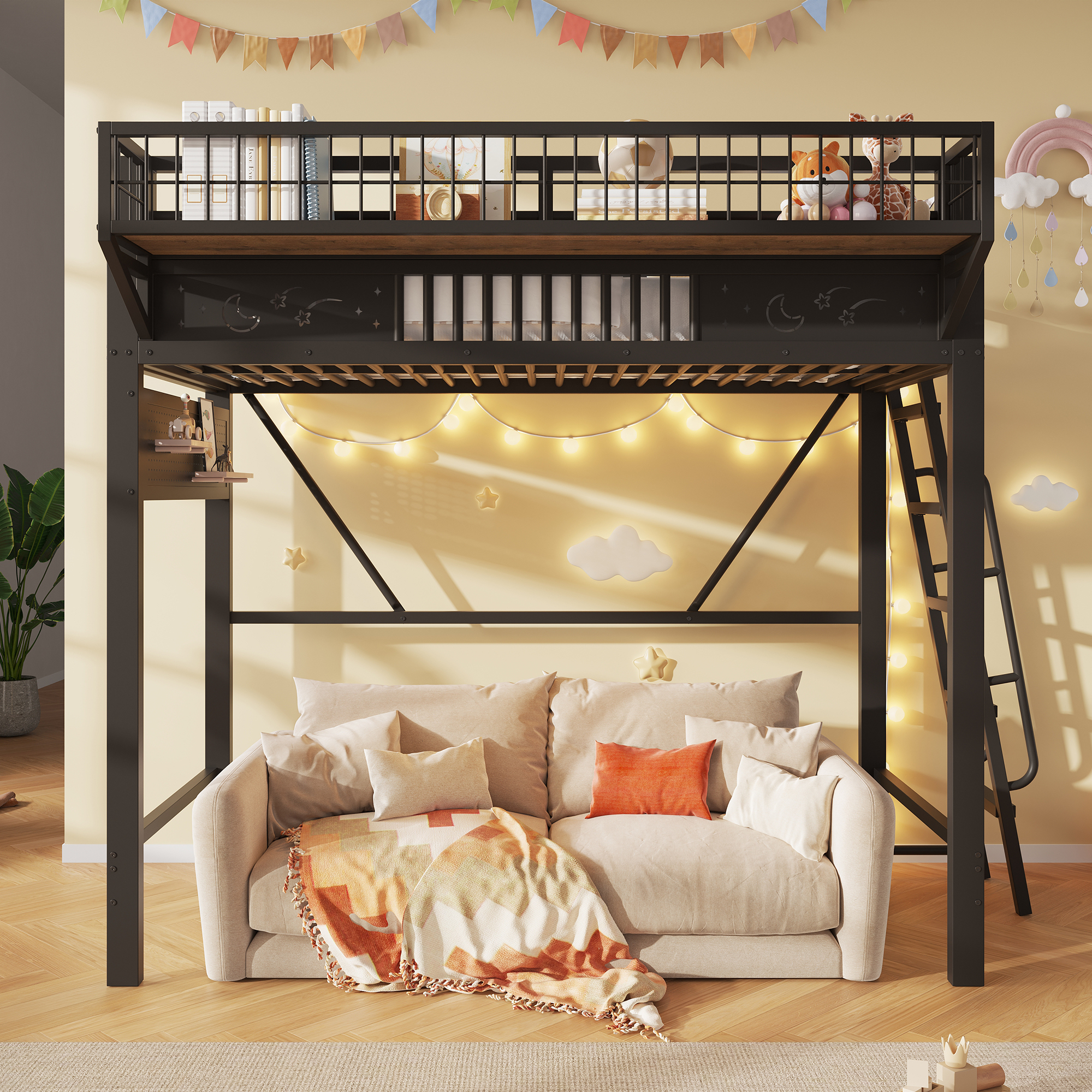 Lit mezzanine noir 90 x 200 cm avec grand espace libre sous le couchage