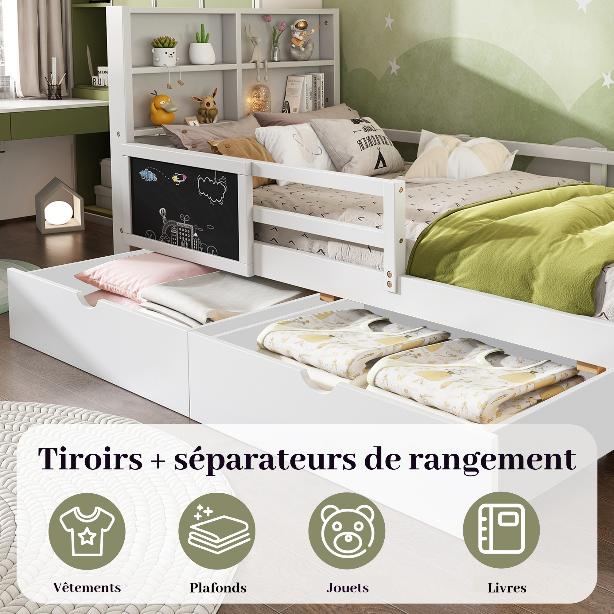 Lit enfant blanc avec deux tiroirs de rangement sous le couchage