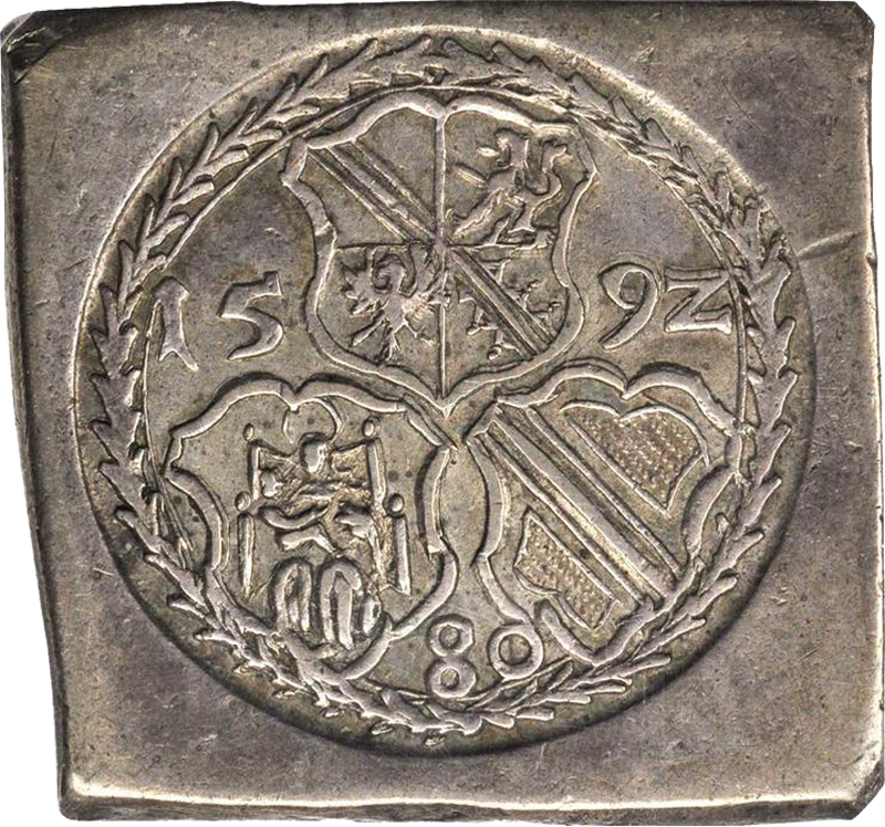 14. 1 Taler sur flanc carré (80 Kreuzer) "Taler Klippe" 1592. Jean-Georges de Brandebourg, lors du siège de Strasbourg (1592). Monnaie obsidionale. J4xjj