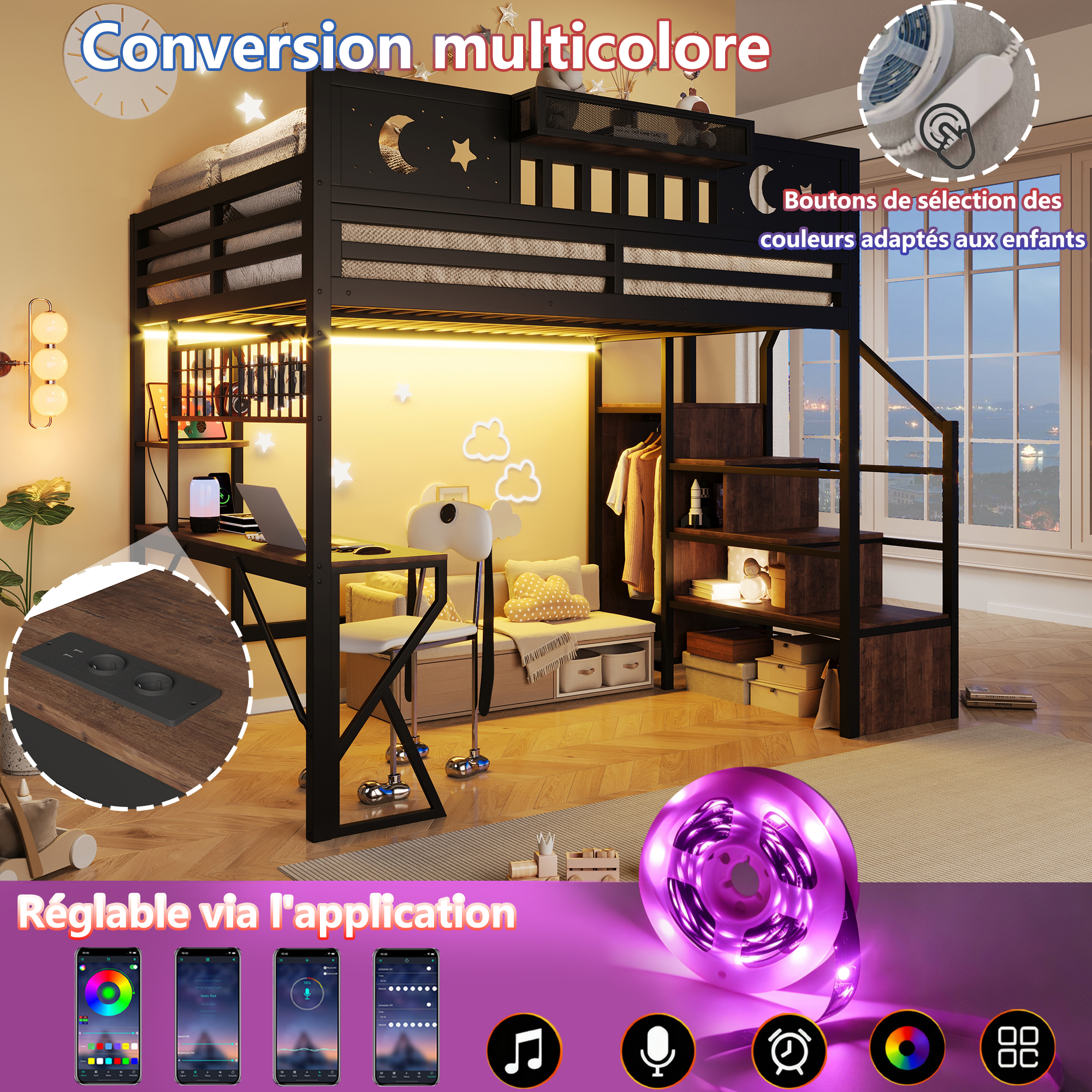 Éclairage LED multicolore du lit mezzanine