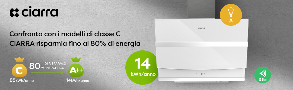 CIARRA 60cm Cappa Ad Angolo Touch Control 650 M³/h 736NWH60 - Bianco, Silenziosa 12 CAPPA ASPIRANTE INCLINATA BIANCO