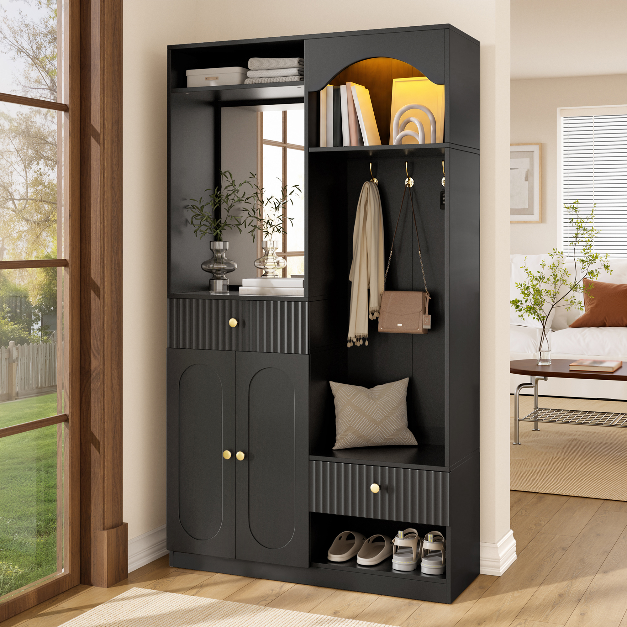 Meuble d'entrée noir multifonction avec miroir banquette patères et rangements