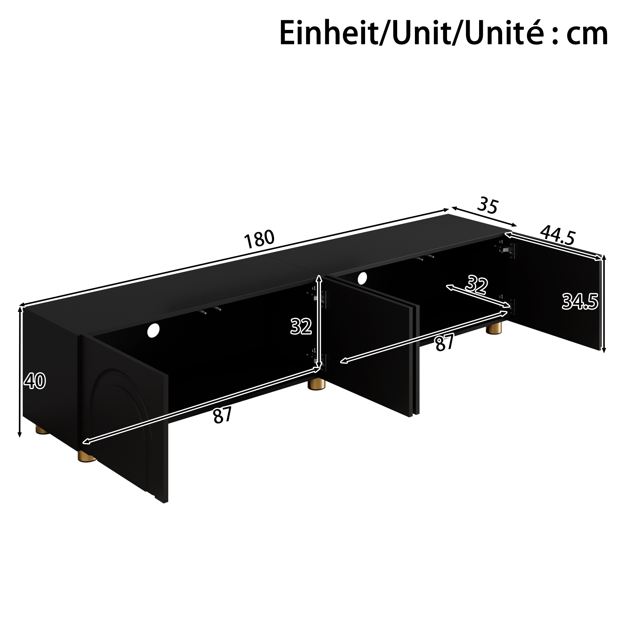 Dimensions du meuble TV noir 180 x 35 x 40 cm