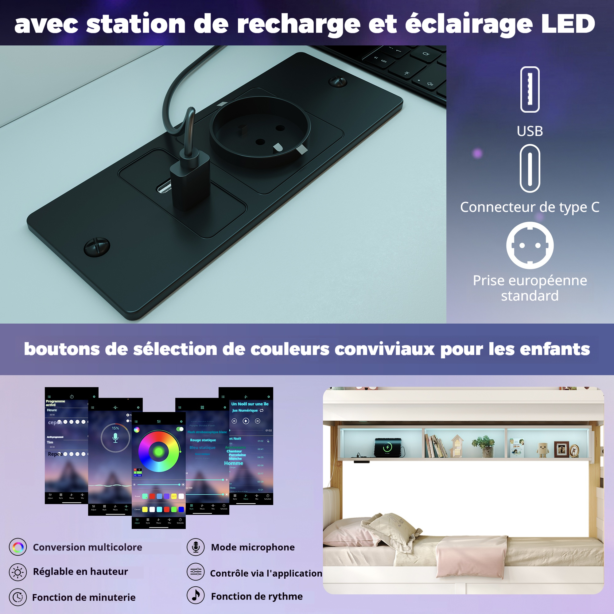 Lit superposé avec éclairage LED, USB, USB-C et prise européenne