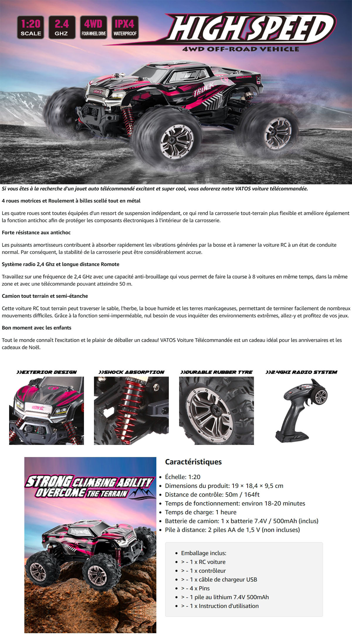 Voiture Télécommandée Drift RC 1:20 - 4WD, 20 Km/h - 2 Batteries Rechargeables - Avec Feux LED - Argent