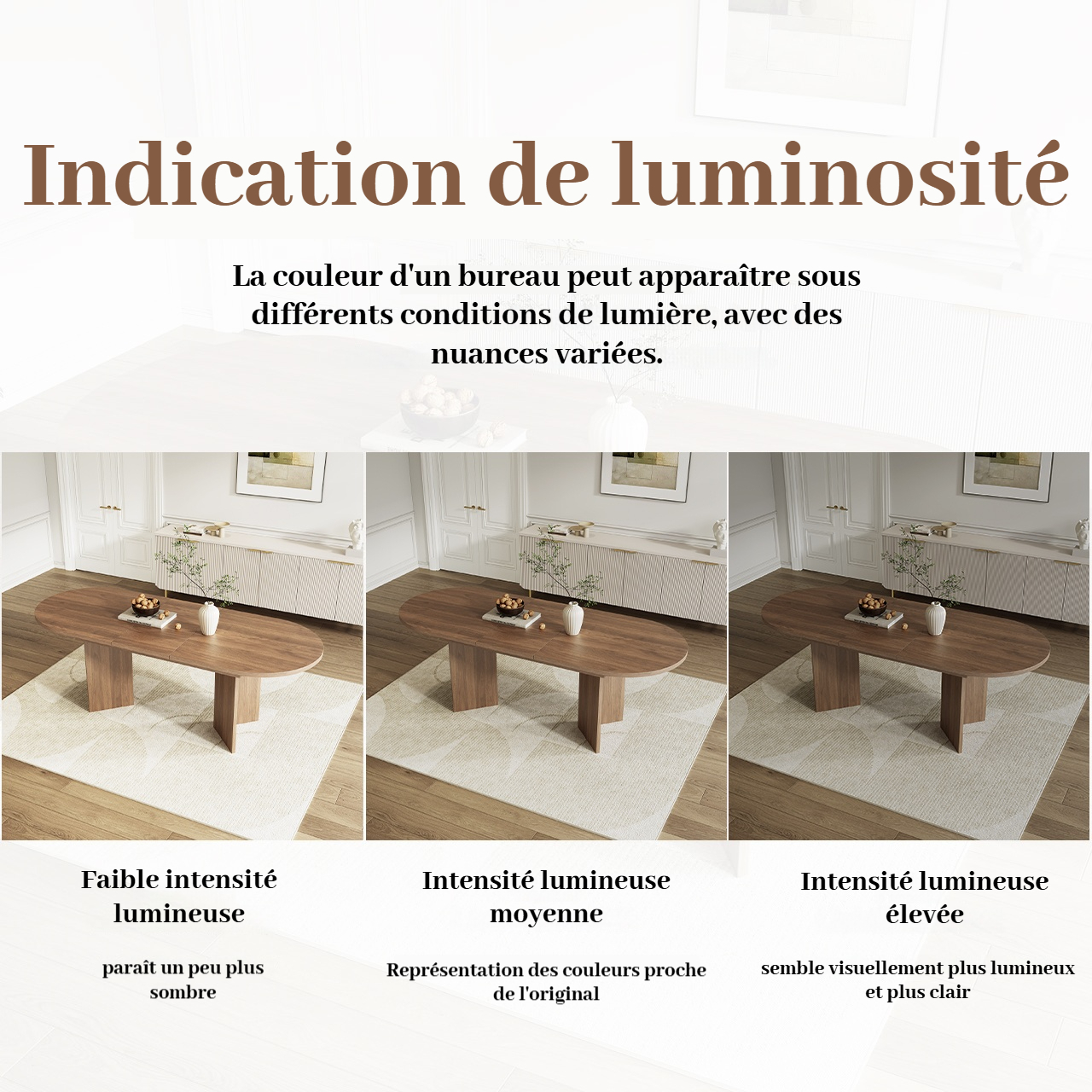 Variation visuelle de la finition noyer selon les conditions d'éclairage