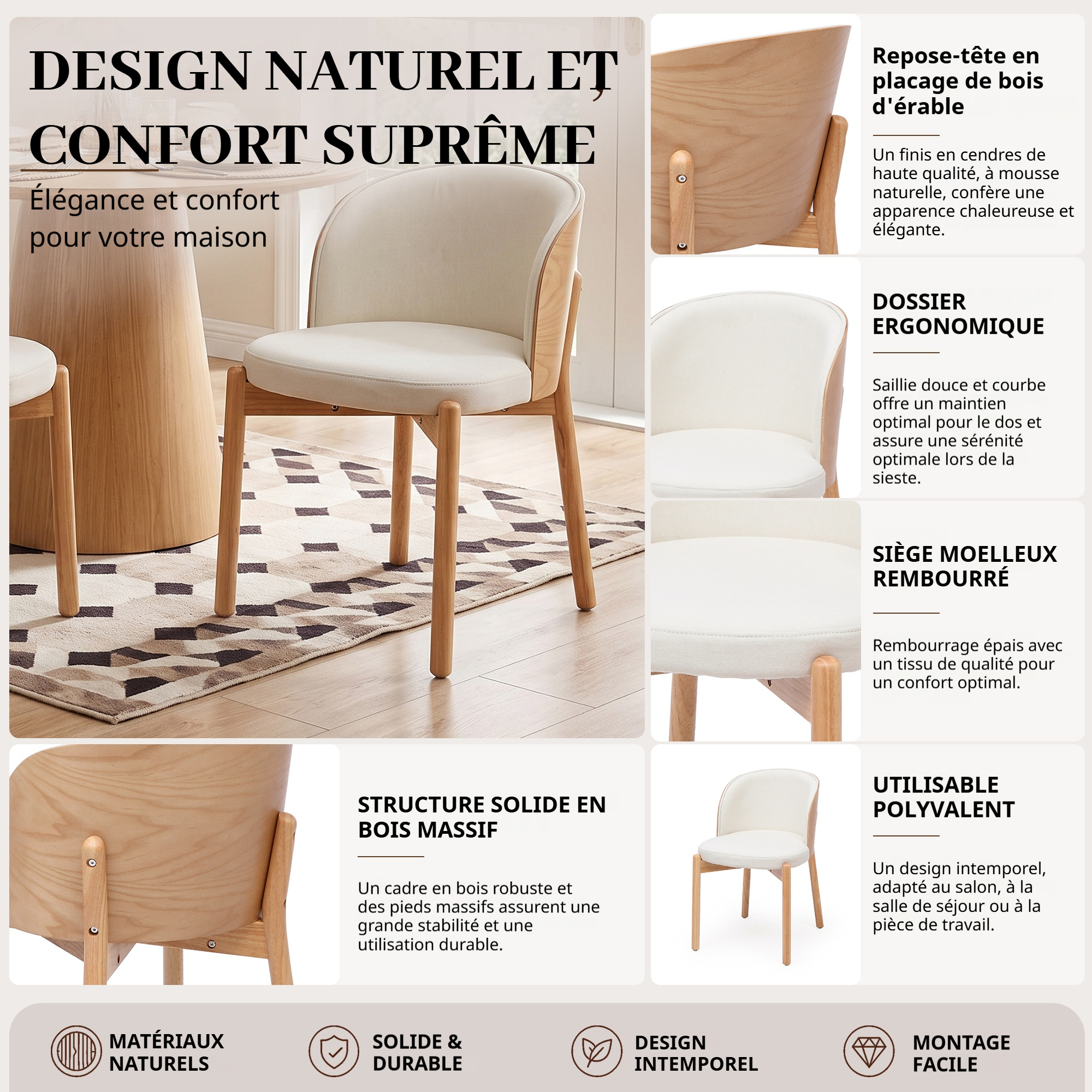 Chaise de salle à manger avec dossier enveloppant et structure en bois massif