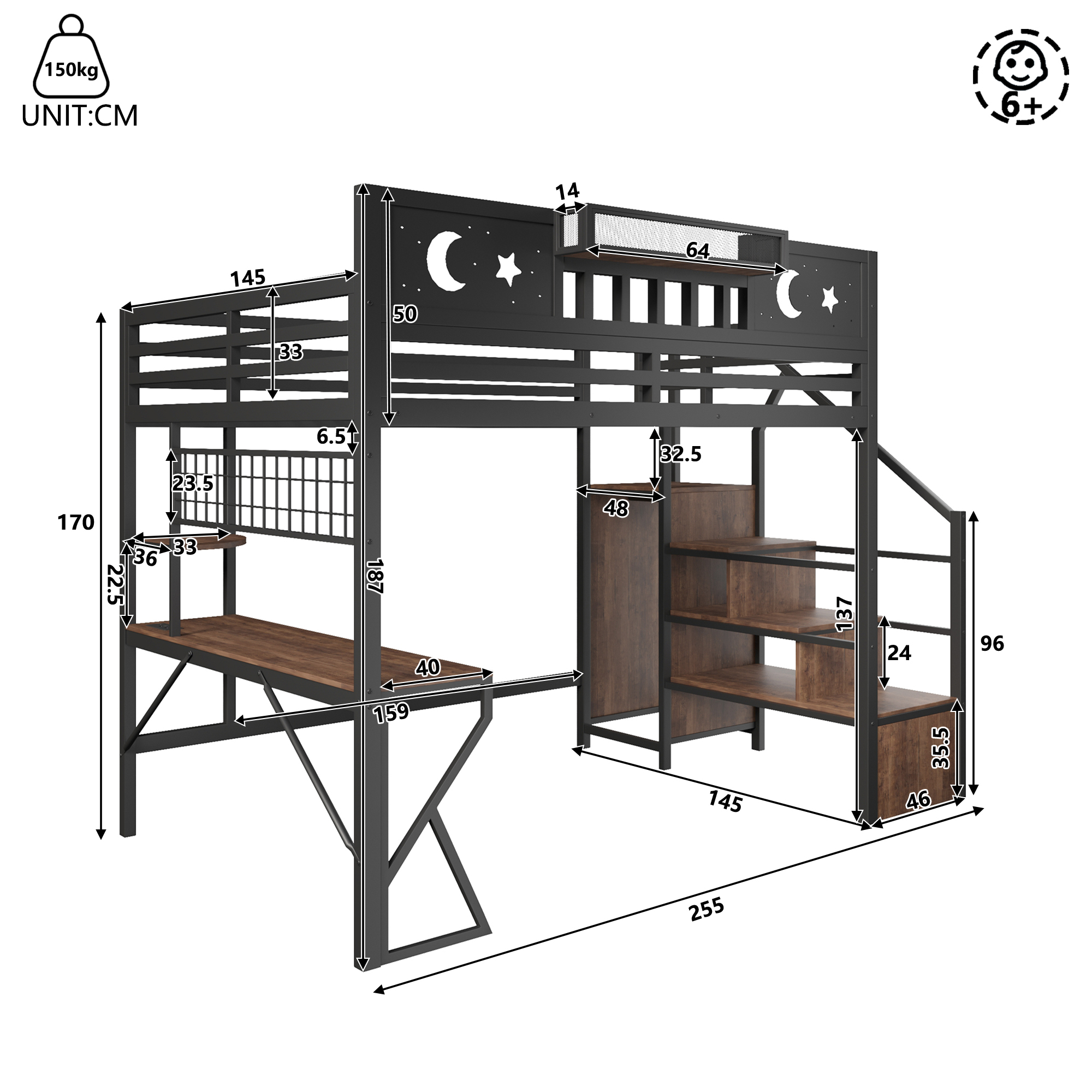 Structure métallique du lit mezzanine avec garde-corps et renforts